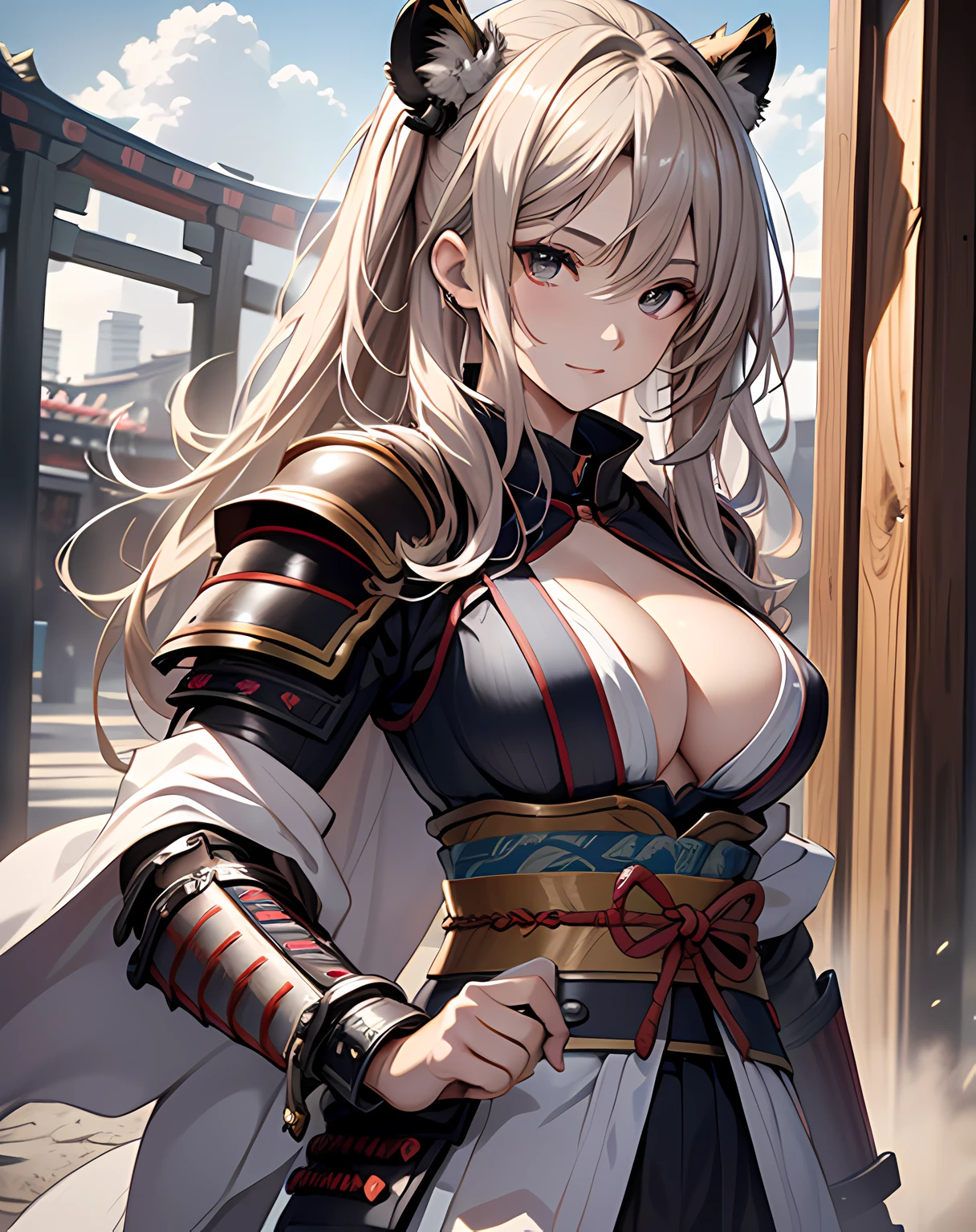 photo realistic, anime style, (8k, RAW photo, best quality, masterpiece:1.2), High detail RAW color photo, professional photograph, cowboy shot, (realistic, photo realistic:1.37),cinematic light, (finery detailed face:1.2), cowboy shot, thigh 1 girl, 18-28 years old, very cute, very beautiful, photo realistic, event companion, BREAK, white skin, real human skin, (detailed face), oval face, pores, ultra high res, BREAK, slim, (medium-large-breast:1.37, cleavage:1.37), (looking straight at viewer with a serene and goddess-like happiness:1.2), (lifter gloss, eyelashes, gloss-face, best quality, ultra highres, Broad lighting, natural shading), (beautiful thin long hair, pony-tail:1.3, brown hair),, BREAK, 1 woman, elegant beauty, radiant skin, (Maeda Keiji costume:1.3), (warring-states-era:1.4), solo, (eccentric-fashion:1.2), (tiger-pattern-accent:1.3) (samurai-armor:1.5), detailed traditional clothing, (style-sengoku:1.3), detailed face expression, (style-dynamic:0.8), standing pose, holding katana, determined expression, (background: battlefield), (style-battle-ready:0.9), historical atmosphere, armor details, detailed background, (style-wafuku:0.9), powerful aura,