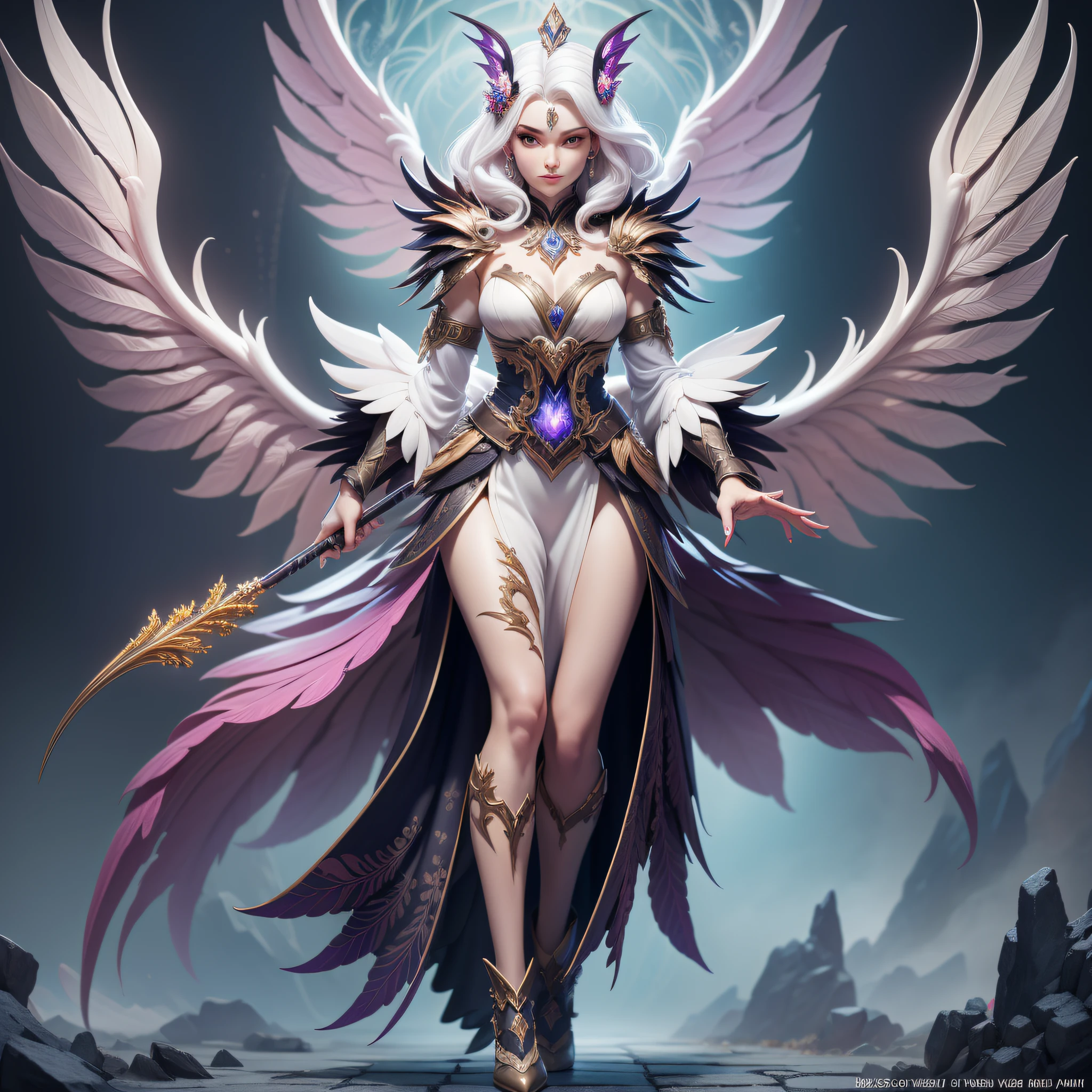 Full body, woman, white hair, hand holding scepter, grip, harpy wings, claws, (masterpiece, superior quality, best quality, official art, beautiful and aesthetic: 1.2), (1girl:1.3), (fractal art:1.3),
