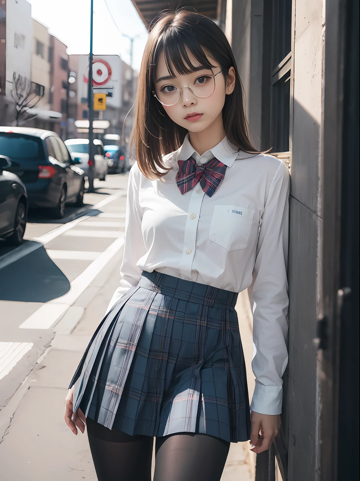 (8K、Raw photography、top-quality、masterpiece:1.2),de pele branca,kne,(Black pantyhose),absurderes,a small face,small tits,flat breast,Parting the bangs from the middle、Forehead visible,(Tight eyes,glares,Bullish,skinny,Rasping,irate)、masterpiece,top-quality、超A high resolution,Raw photo,ren,Beautiful fece,One Person, 独奏,eye glass,,Dark look,Small breasts,fullllbody,Round glasses、cute little、JK school uniform,hi-school girl,A Japanese Lady,is standing,(Photorealsitic:1.37)、Photon mapping,Light blue ribbon,Realistic、Cute little face,Brown-eyed、Black socks、(Red bow tie)、Radio City、Physically Based Rendering、Foreground、depth of fields、Blurry background、a picture,The girls、Body,beauty legs, Long legs, Thin leg,Long bob cut,(Bangs are visible), hair, s lips, Blue_The eye, nosesoft,(Light blue shirt), (Navy and blue and white plaid pleated skirt), Knees are visible,Sheer clothing,, Thigh, Black cotton socks,Nogizaka Idol, 女優, Japanese ido