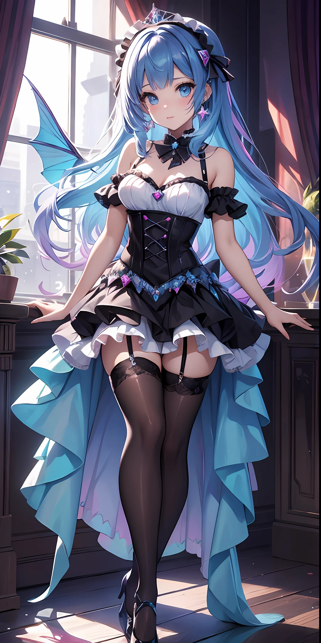 best qualityer，tmasterpiece，Ultimate resolution，downy，Extremely colorful，Colorful，Mermaid princess，Lolita dress，Black suspender stockings，Fishmouth heels，starrysky