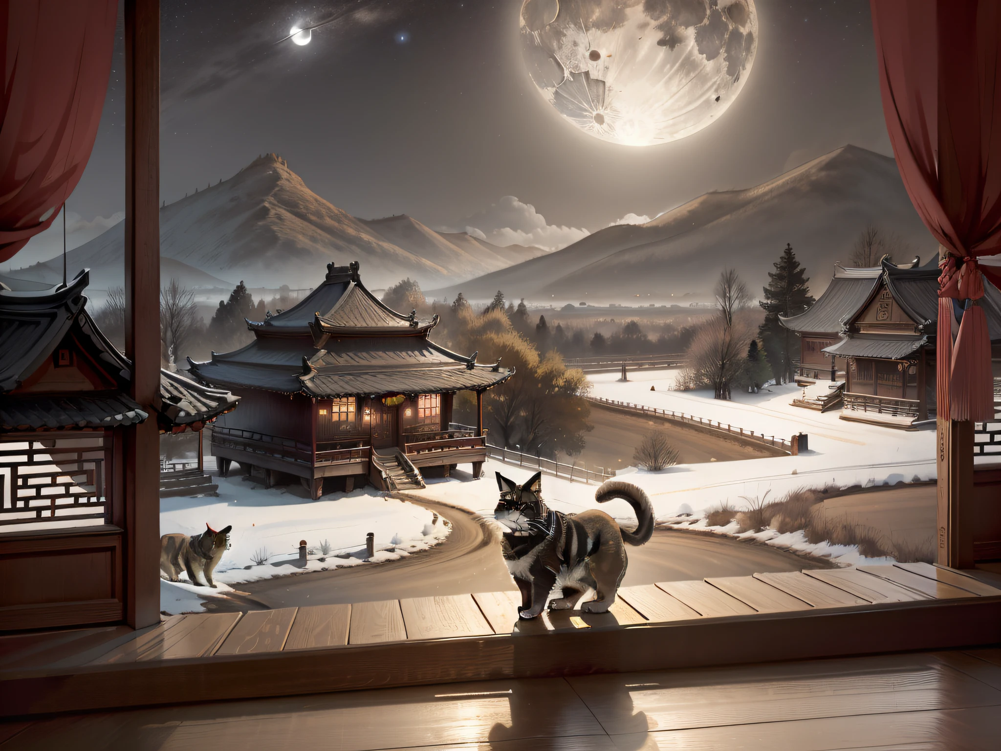 16k，High picture quality，high detal，tmasterpiece，landscape，Chinese classicism，Scatter perspective。 Full moon in the night sky，Next to it is a wooden building from the Chinese Tang Dynasty，There are several cats on the eaves，A nightingale flew out of the dark air。Very poetic。