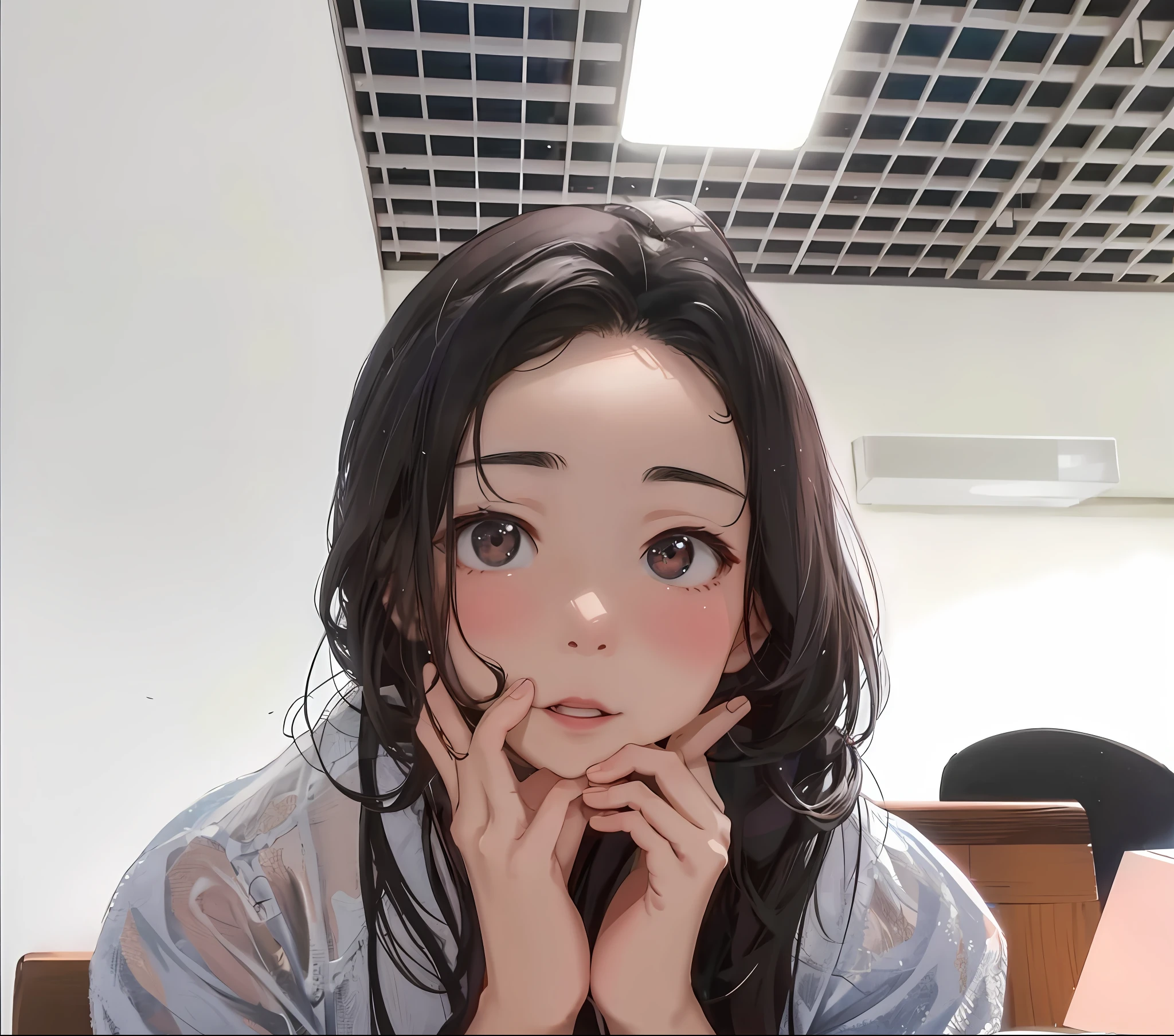 There was a woman sitting at the table,Carrying a plate of food, with small nose, xintong chen, She has a cute face, she has a cute expressive face, wenfei ye, showing her face, Bored expression, Zhang Pengzhen, Narrow nose, slightly happy facial expression, very very low quality, blank expression on her face, Face picture, squinting