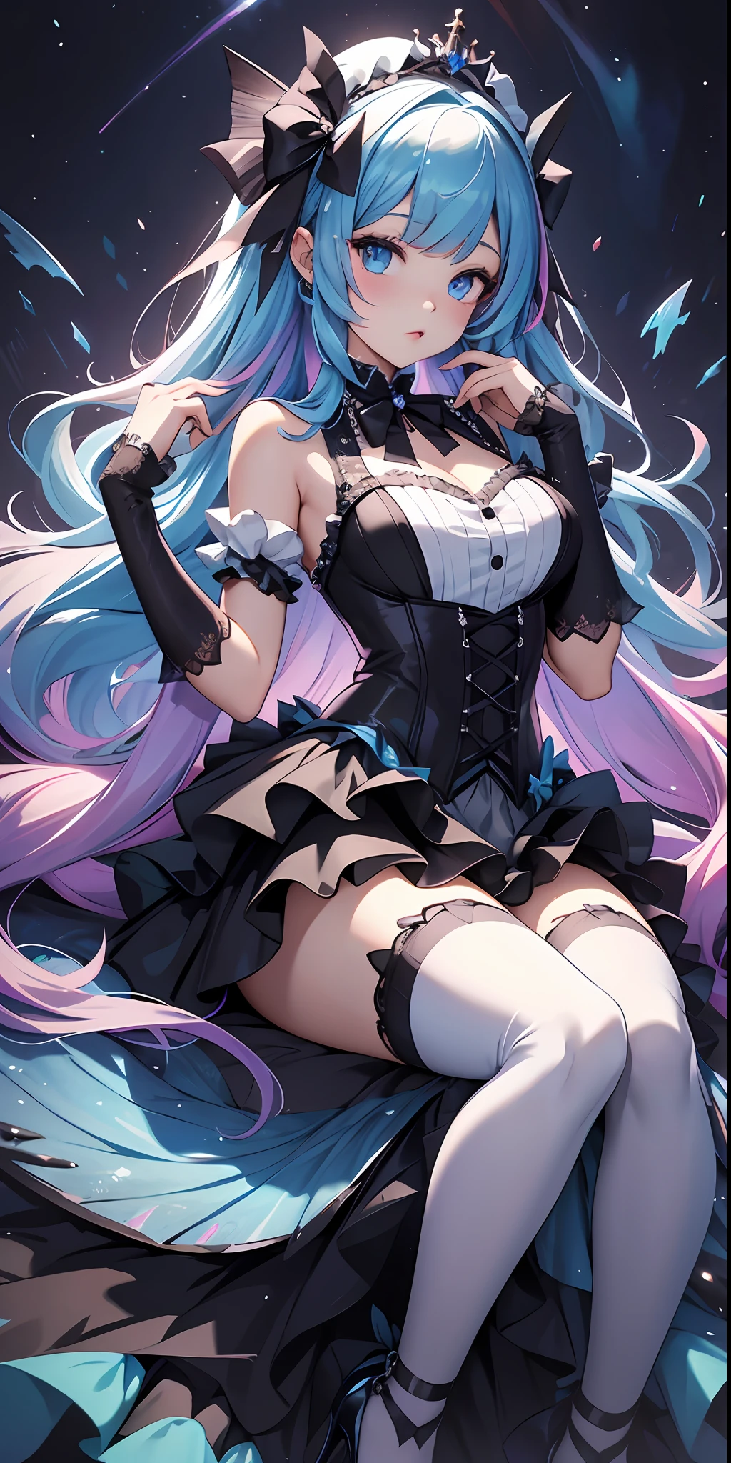 best qualityer,tmasterpiece,Ultimate resolution,downy,Extremely colorful,Colorful,Mermaid princess,ta dress,Black suspender stockings,Fishmouth heels,starrysky