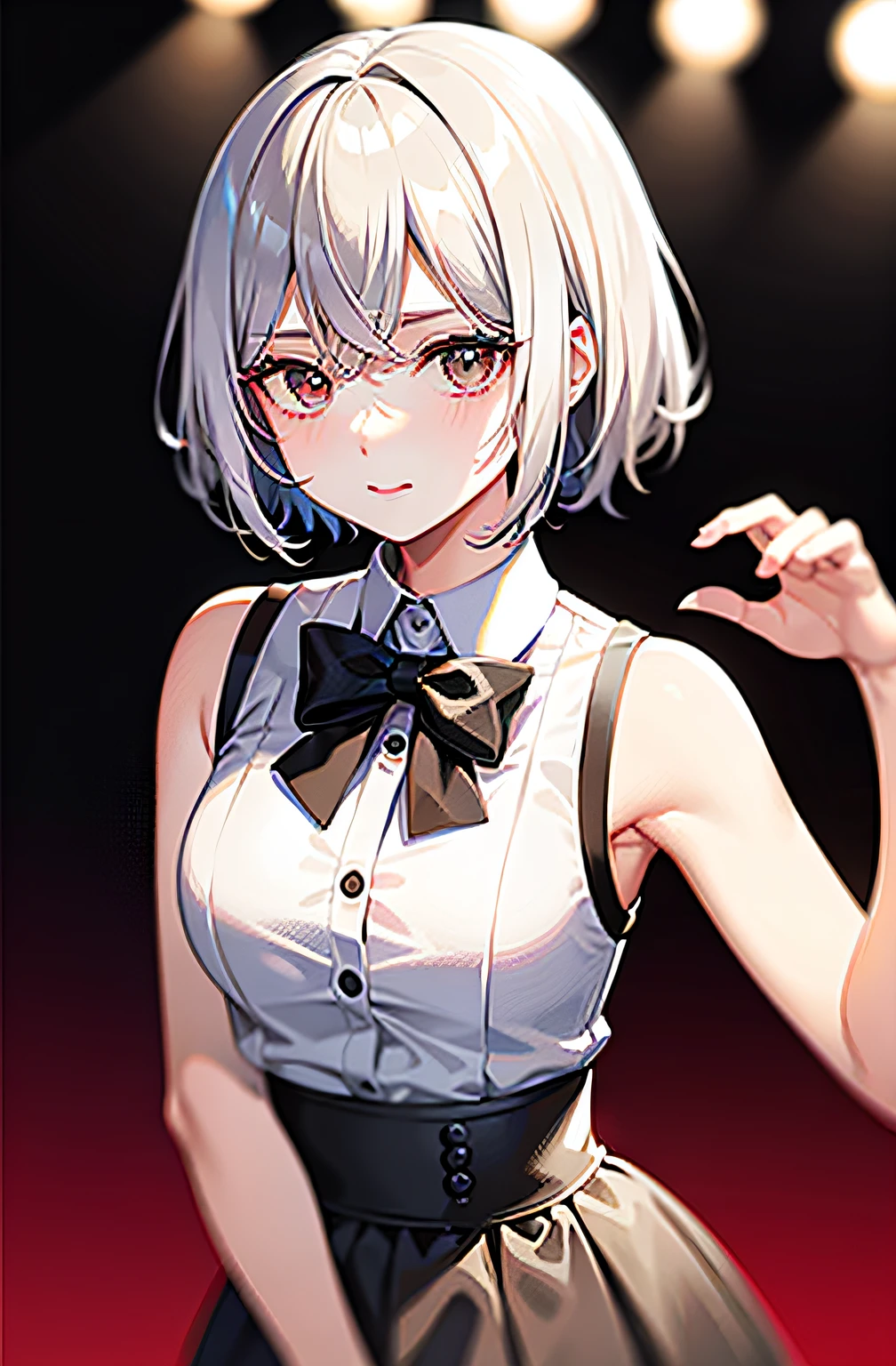 best qualtiy,超高分辨率,1girl,sleeveless white button shirt,a black skirt,Black collar,adolable,(Kpop idol),(aegyo sal:1),(Platinum blonde hair:1),((puffy eye)),It looks like in front of the audience,full bodyesbian,facing the front there,Take the milk tea