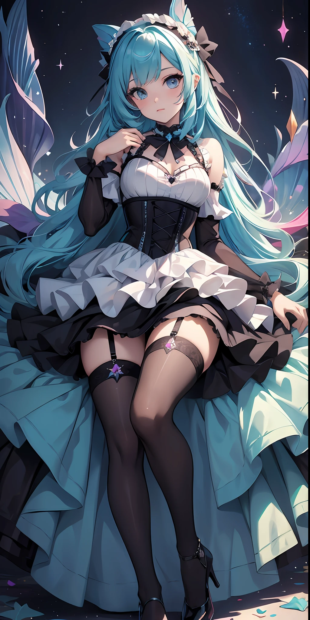 best qualityer，tmasterpiece，Ultimate resolution，downy，Extremely colorful，Colorful，Mermaid princess，Lolita dress，Black suspender stockings，Fishmouth heels，starrysky