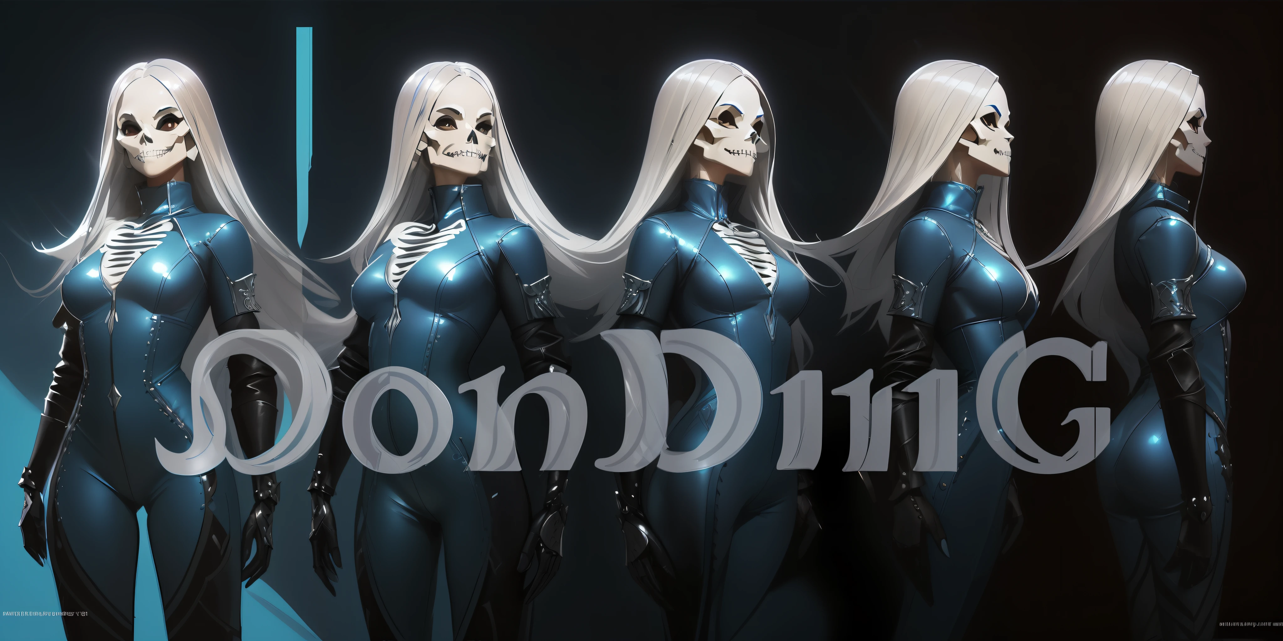 amazing wallpaper cinematic, (character sheet of the same exact skelleton with silver hair wearing a blue leather jumpsuit:1.5), (((simple studio background))), reference sheet, HDR photograph by ((Ilya Kuvshinov)), by Ed Blinkey, Atey Ghailan, Studio Ghibli, by Jeremy Mann, Greg Manchess, Antonio Moro, trending on ArtStation, style of CGSociety, Intricate, High Detail, Sharp focus, dramatic, photorealistic painting art by midjourney and greg rutkowski, charturnbetalora