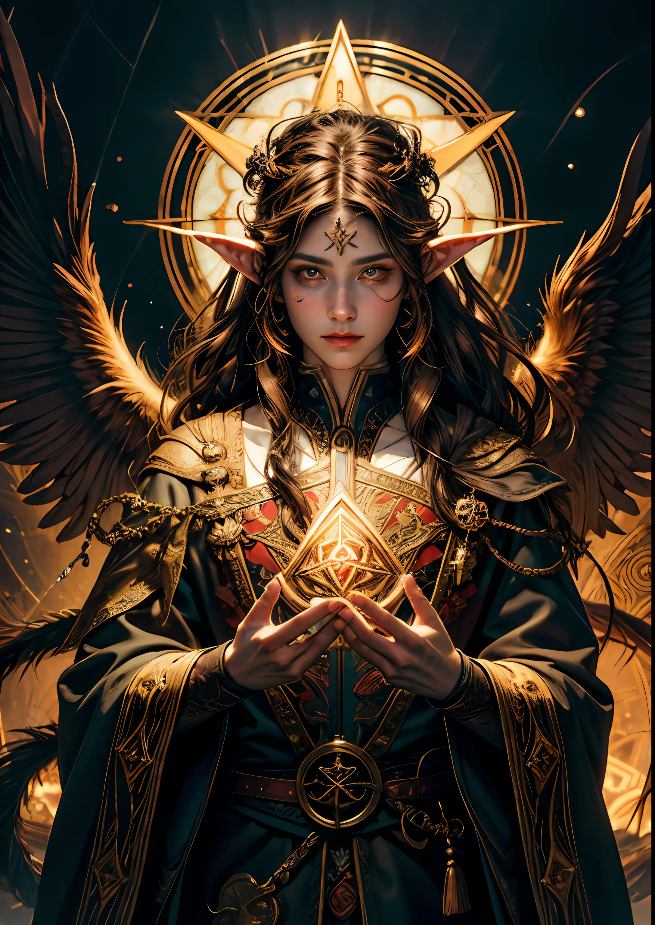 (Masterpiece:1), (zentangle, mandala, tangle, entangle:0.6), realistic, ((cinematic lighting)), official art, unity 8k wallpaper, ultra detailed, beautiful and aesthetic, High quality, beautiful, best quality, ((occult symbols)), esoteric, holy divination, fractal patterns, brown haired boy with elf ears and modern attire he had a black thorny crown and black feathered wings and a fluffy demon tail and golden eyes