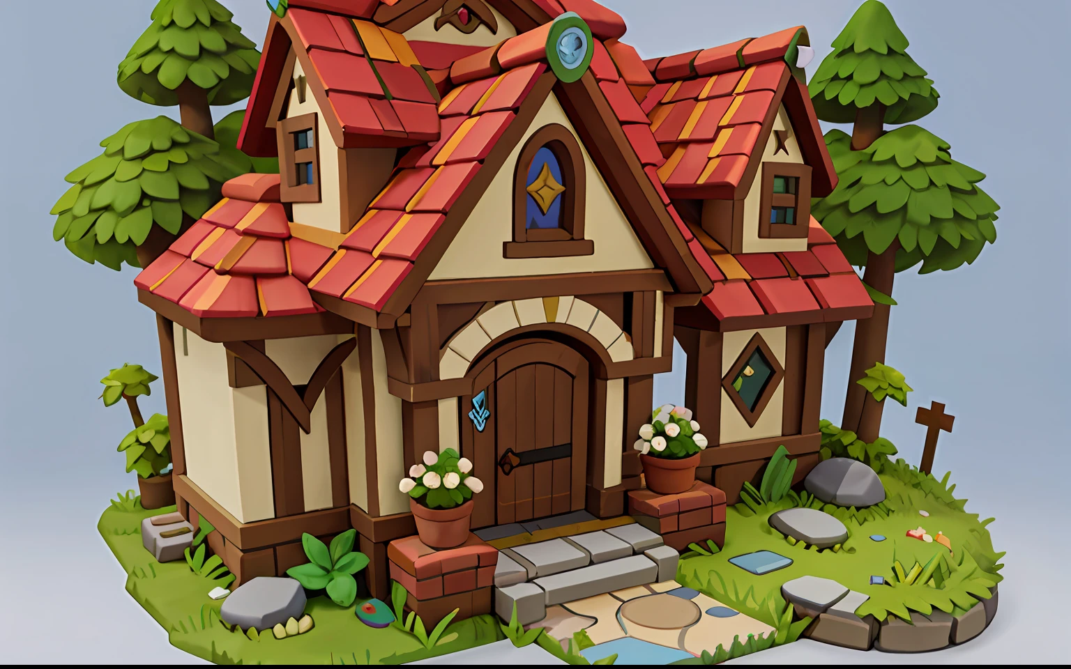 cartoonish style， polygon， Game architectural design， fanciful，fantasy， Ordinary house，White wall， Cross decoration，Broken tile roof， steins， Bricks， grassy， florals， the trees， casual game style，Screen meekness， Originality， best detail， Blander， tmasterpiece， best qualtiy， toon rendering， 8K，Game Icon Institute
Game icon