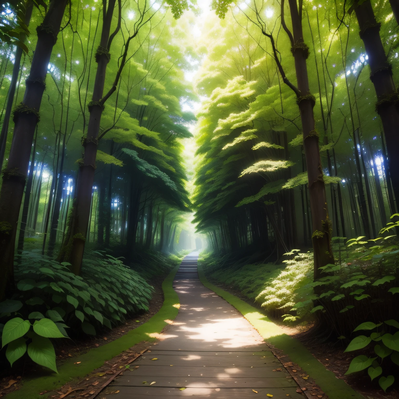 Create a photo of a wooden walkway covered with ivy and moss in the psychedelic style of the 60s。Vivid and intense colors、abstract pattern、Using Optical Effects、Highlight the atmosphere of the time。Try to incorporate psychedelic vibrations and the spirit of the times into your artwork。Try to add the impression of mysterious light。Please be asymmetrical。