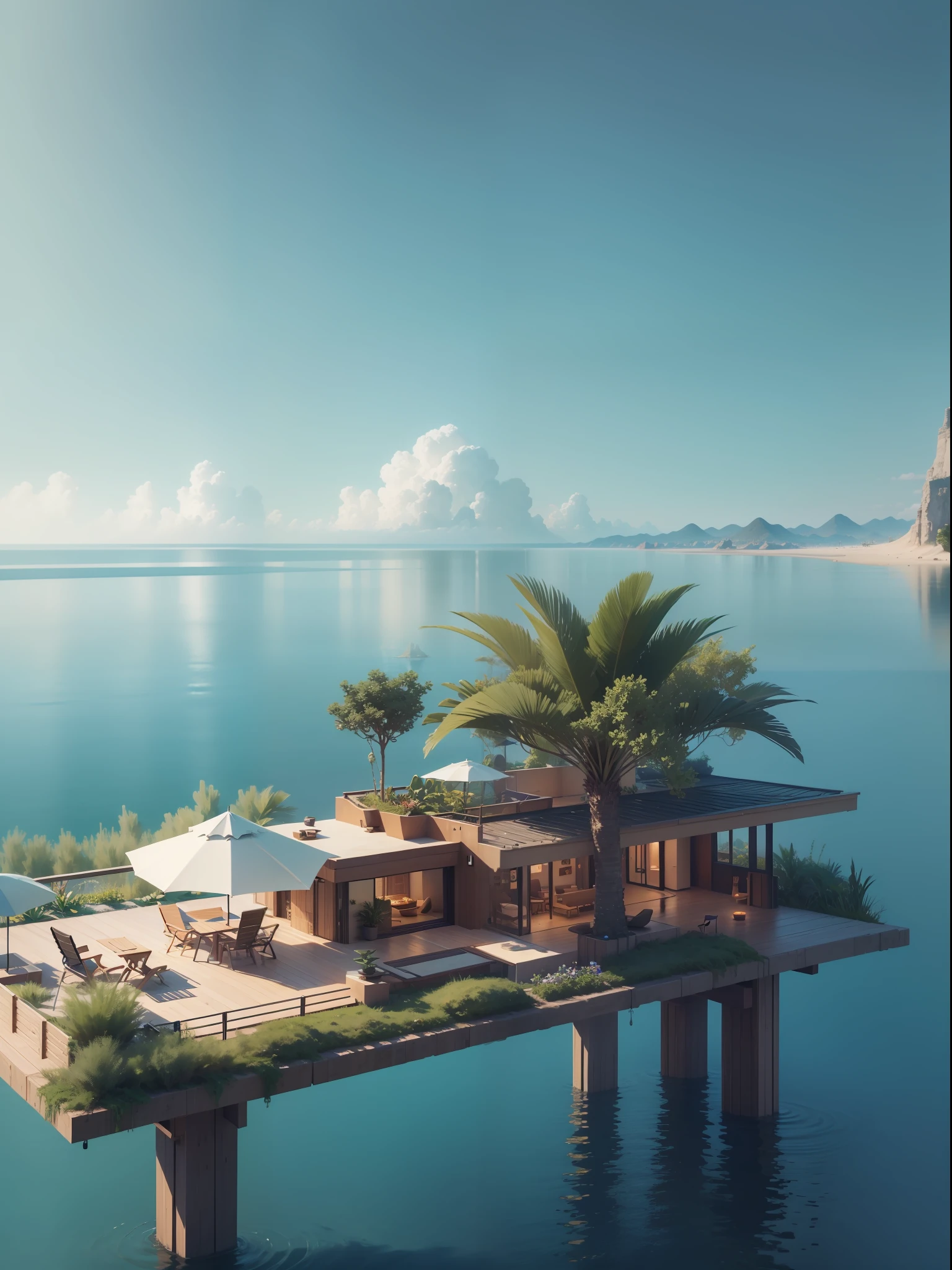 Skywave Oasis, floats above the sea, a lush garden suspended on stilts, tranquility meets horizon, Guests sip, gaze, dream, unreal engine --ar 3:4 --video --s 750 --v 5.2