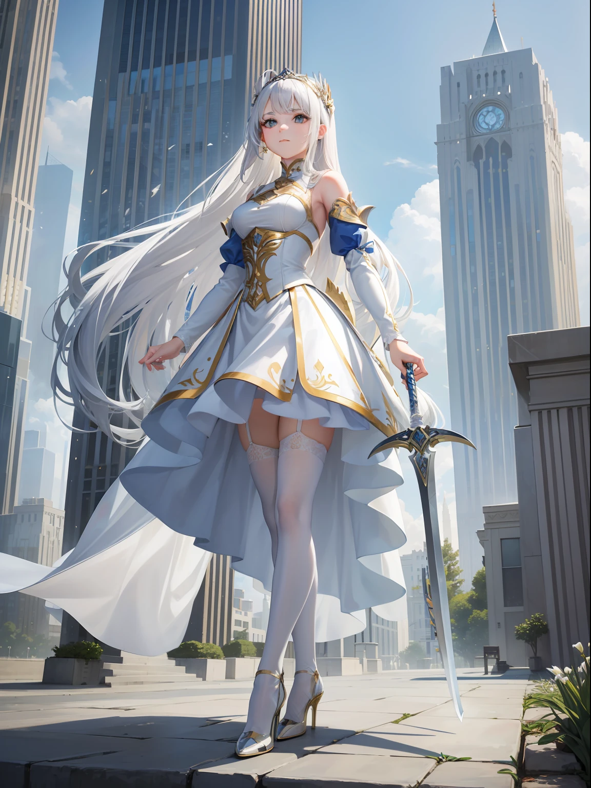 Silver-white girl with long hair，Dressed in a dress trimmed with white and gold，Towering buildings，Wear high heels，Sword in hand，（best qualtiy：1.4）， （A detailed：1.5）， （tmasterpiece：1.3），White stockings，sitted