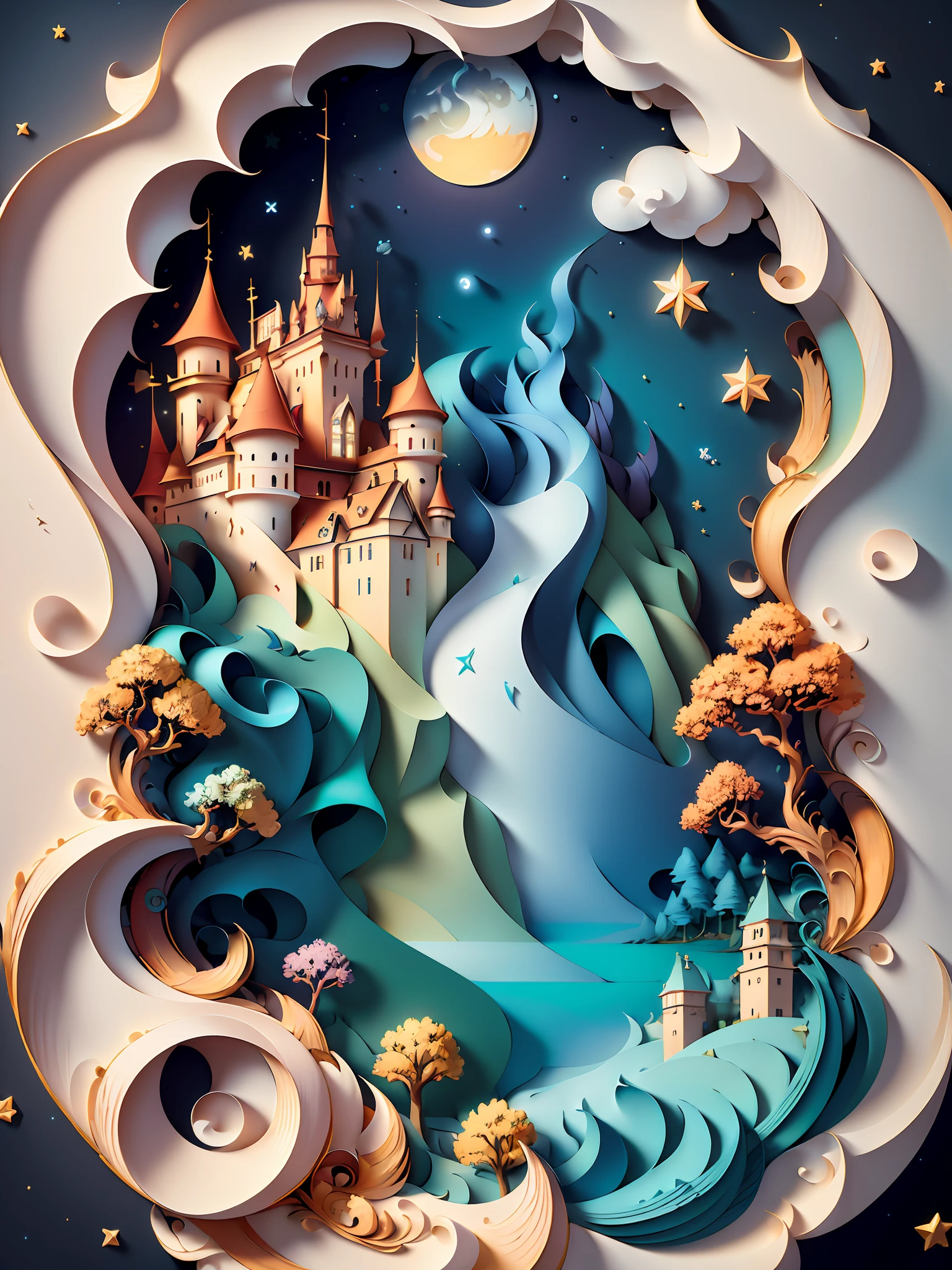 (((masterpiece))),best quality, illustration, sky, cloud, water, star \(symbol\), tree, no humans, night, bird, moon, building, star \(sky\), night sky, scenery, starry sky, watercraft, castle, ship, waves, tower, boat. vibrant color scheme, Soft light,(warm color:1.2),Water color painting, light background, best quality exquisite details,3d rendering,Octane render, pastel, paper_cut