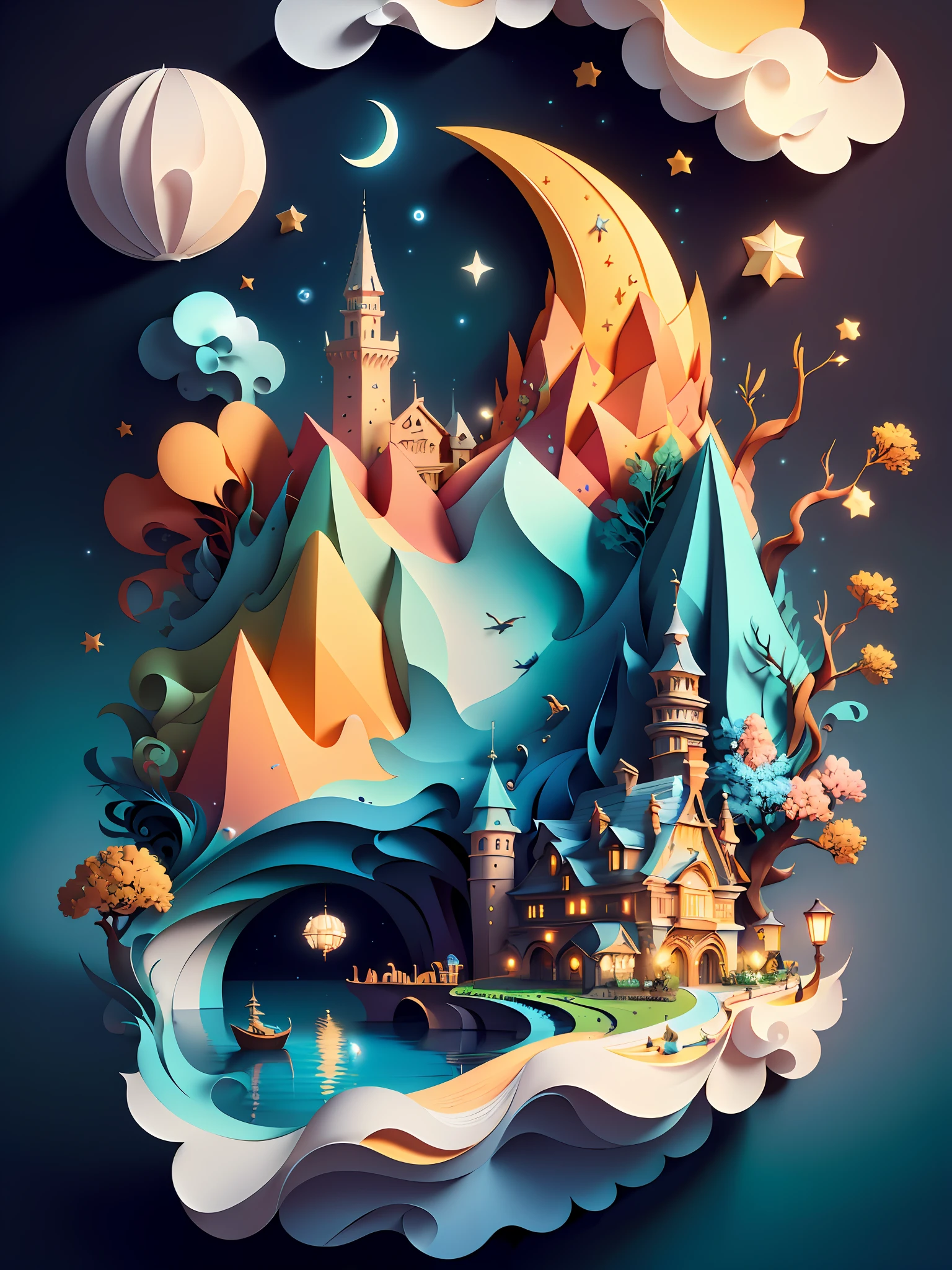 (((masterpiece))),best quality, illustration,  sky, cloud, water, star \(symbol\), tree, no humans, night, bird, moon, building, star \(sky\), night sky, scenery, starry sky, watercraft, castle, ship, waves, tower, boat. vibrant color scheme, Soft light,(warm color:1.2),Water color painting, light background, best quality exquisite details,3d rendering,Octane render, pastel, paper_cut