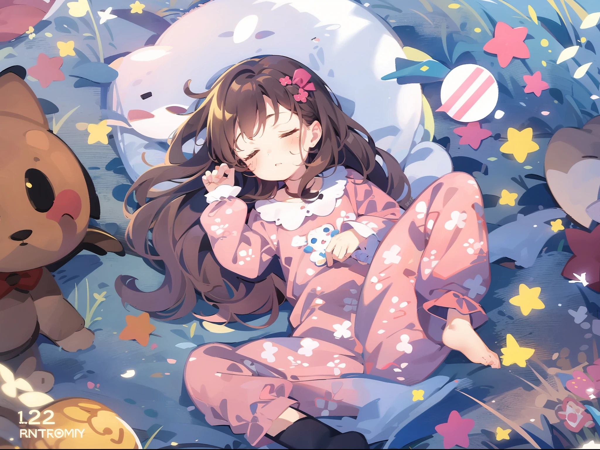 Sleeping girl，ultra cute，2 years old，realisticlying，She wore long trousers，Wearing pink pajamas，brown  hair