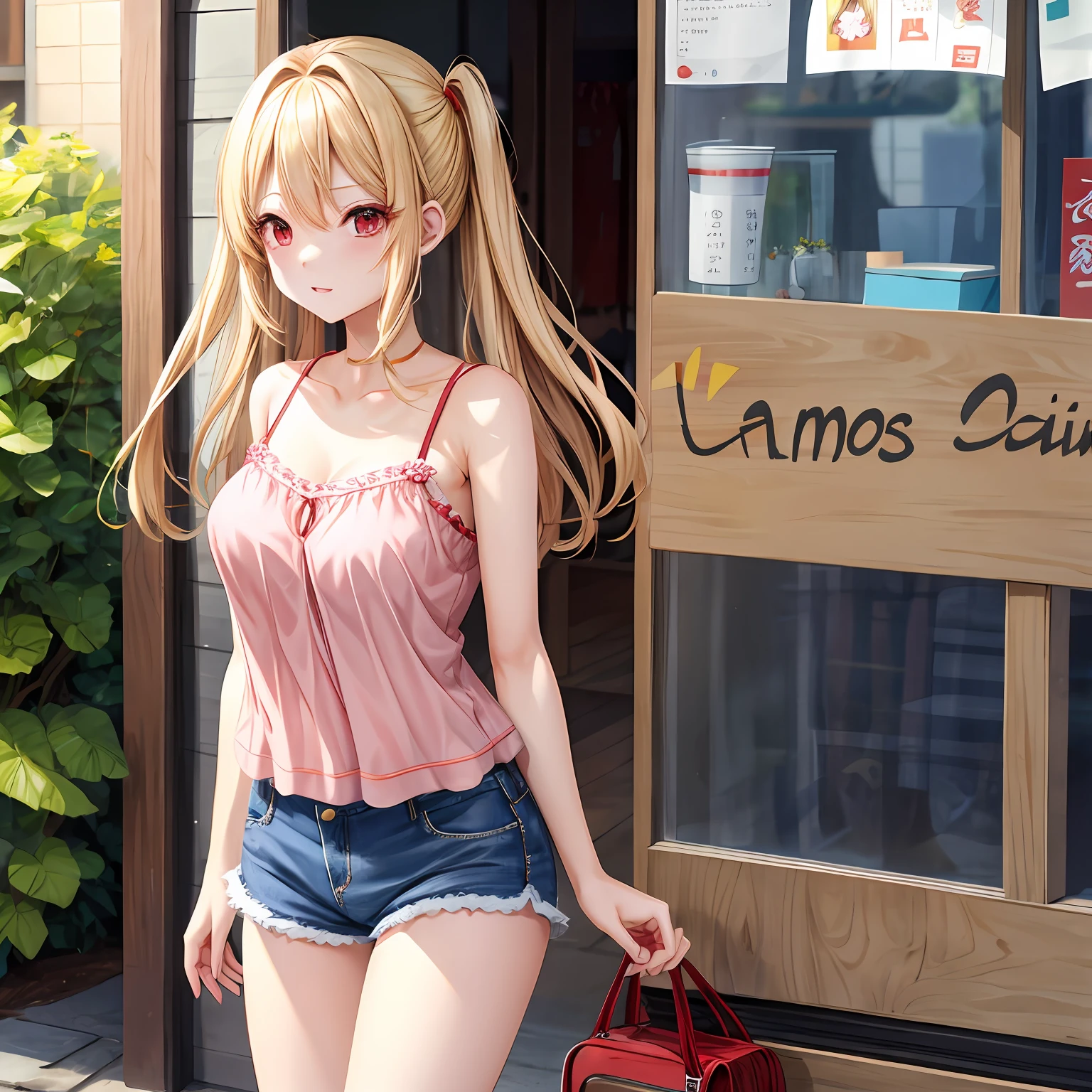 a blond、red eyes、One pretty girl、独奏、animesque、camisole、Denim shorts