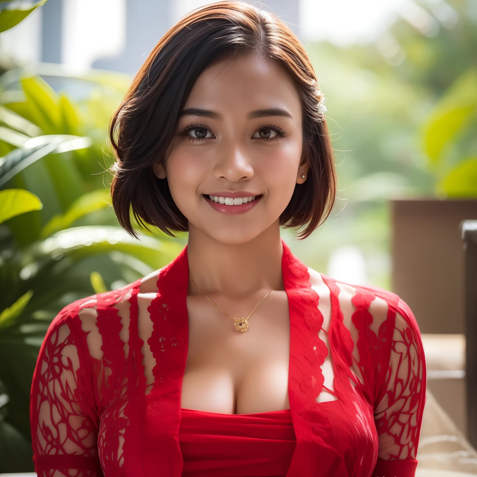 (8k, best quality, masterpiece:1.2), (red_kebaya_bali), (realistic, photo-realistic:1.37), ultra-detailed, 1 girl, cute, solo, beautiful detailed sky, detailed cafe, night, sitting, dating, (nose blush), (smile:1.15), (closed mouth) small breasts, beautiful detailed eyes, (collared shirt:1.1), night, wet, business attire, rain, white lace, (short hair:1.2), floating hair NovaFrogStyle,