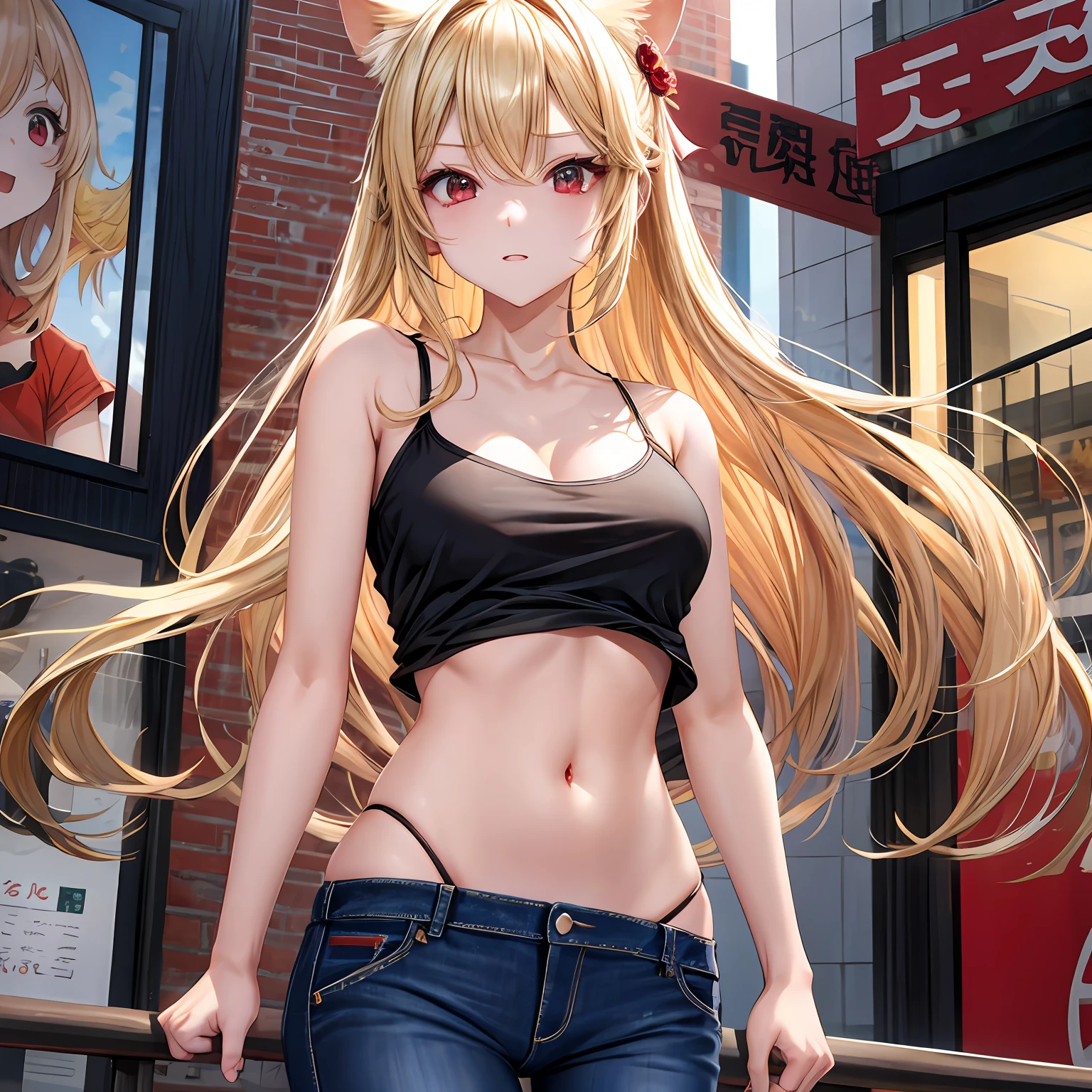 a blond、red eyes、One pretty girl、独奏、animesque、Black camisole、jeans、