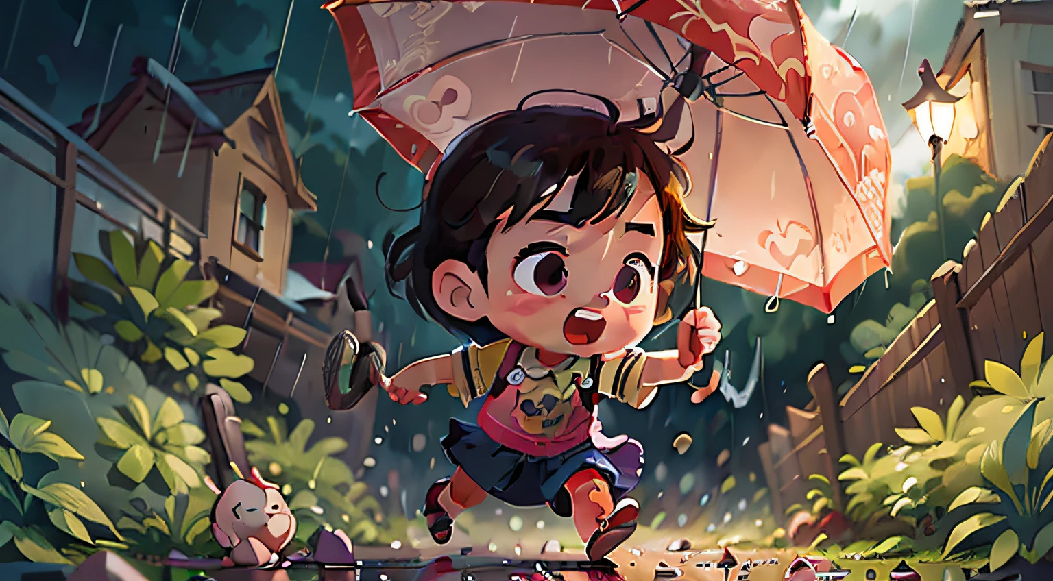 Poster design，The child is playing with an umbrella，jumpping，cartoonish style，raining day，Happy night，perfectquality，Clear focus，Perfect face，Exquisite details，ultra-low perspective，wide wide shot。