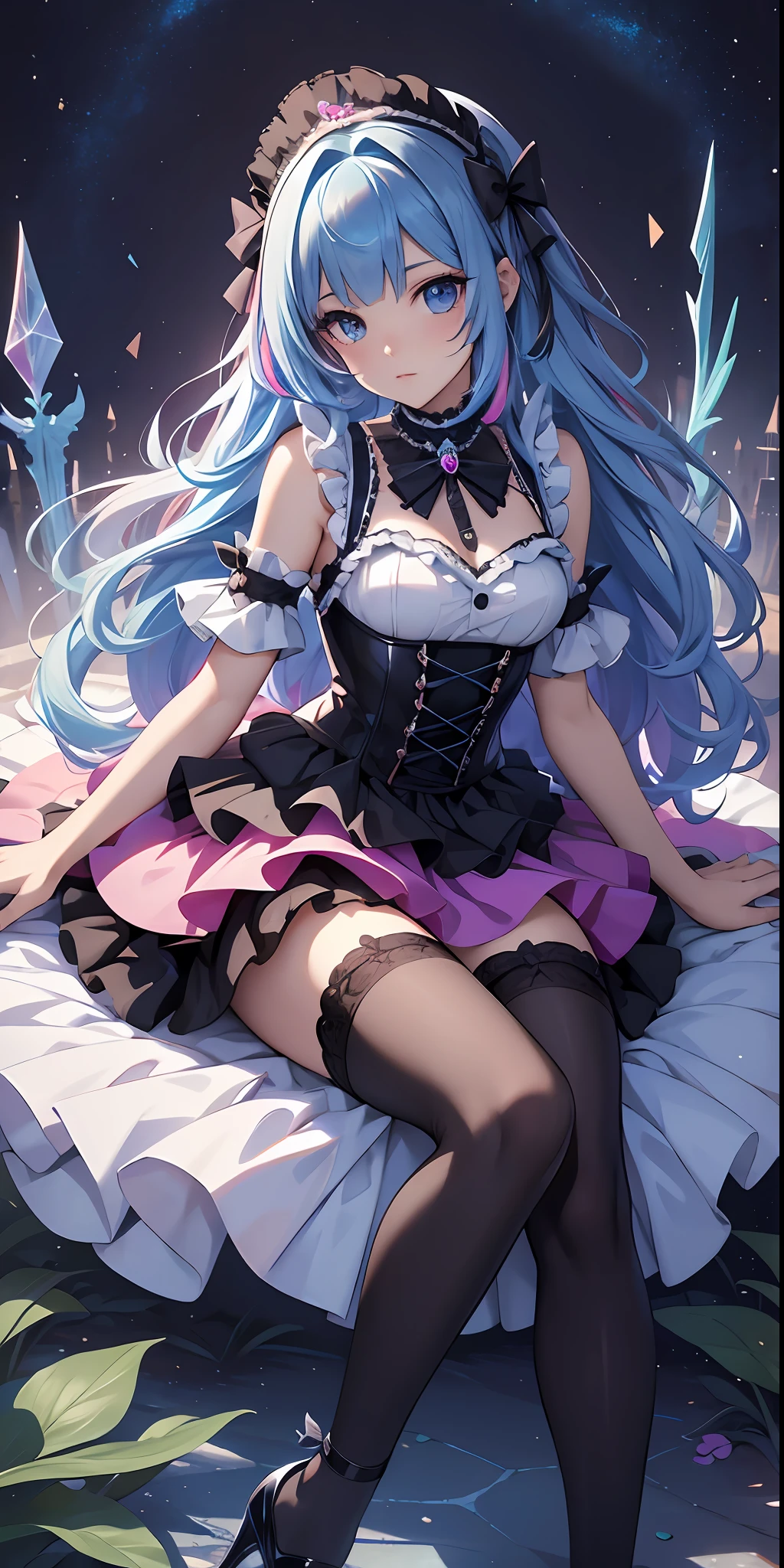 best qualityer,tmasterpiece,Ultimate resolution,downy,Extremely colorful,Colorful,Mermaid princess,ta dress,Black suspender stockings,Fishmouth heels,starrysky