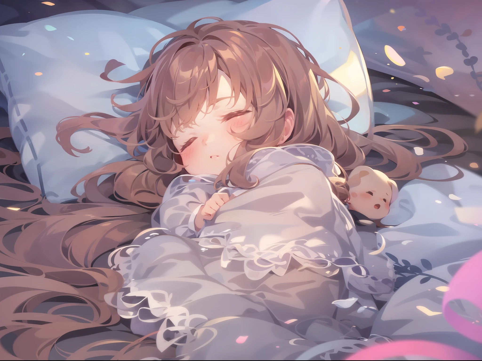 Sleeping girl，ultra cute，2 *********，realisticlying，She wore long trousers，Wearing pink pajamas，brown  hair