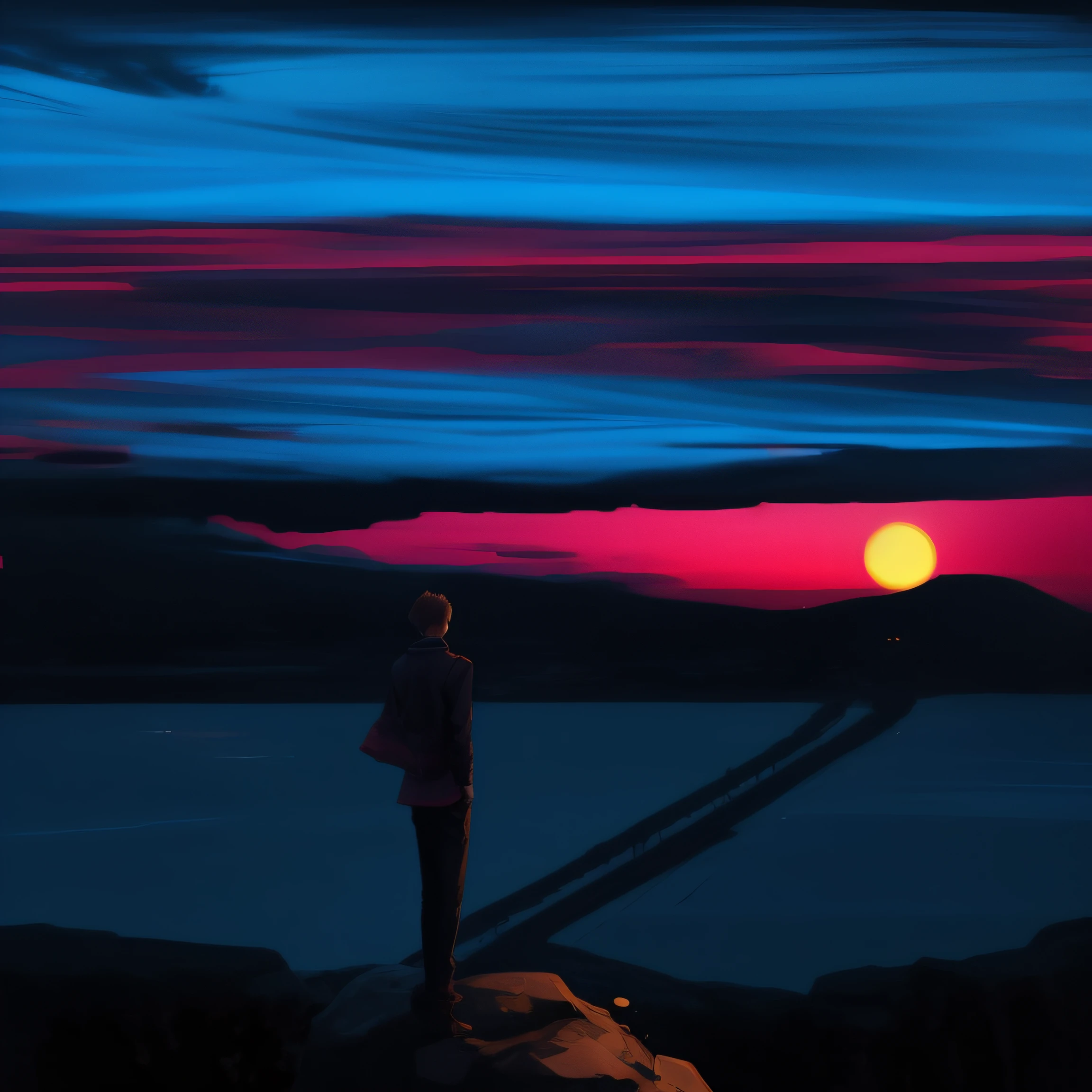 A painting of a man standing on a rock watching the sunset, Twilight ; Digital painting, looking out at a sunset, calm evening. Digital illustration, watching the sunset, sunset illustration, watching the sunset. anime big breast, Twilight ; digital oil painting, expressive digital painting, looking towards the horizon, Looking into the distance, Desolate. Digital illustration, with a sunset