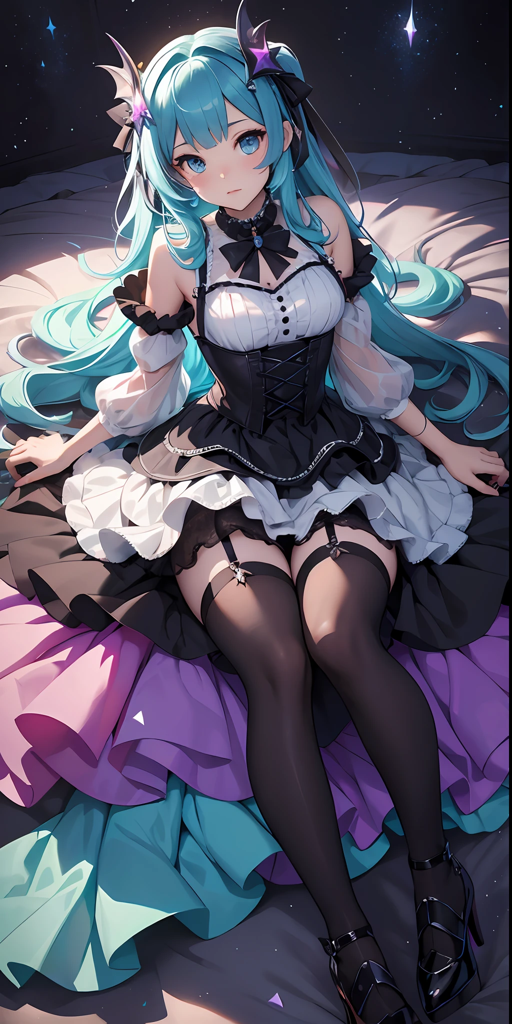 best qualityer,tmasterpiece,Ultimate resolution,downy,Extremely colorful,Colorful,Mermaid princess,Lolita dress,Black suspender stockings,Fishmouth heels,starrysky