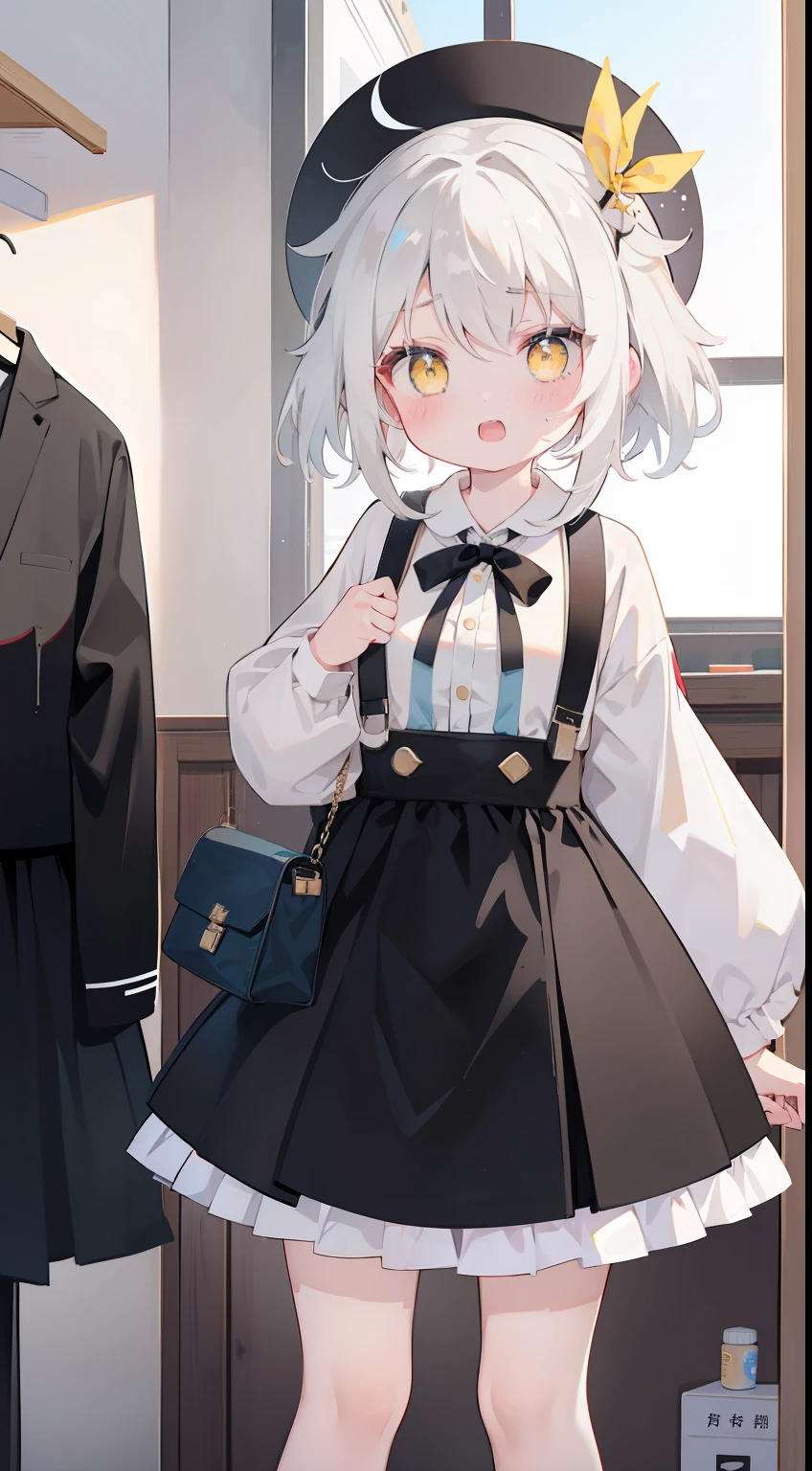 One girl、High 、small tits、yellow eyes、to stand、bags、Twin-tailed、white hair、black ribbon on the head、sano、Laugh、dressing room、masterpiece、top-quality、Top image quality、cute little、tension