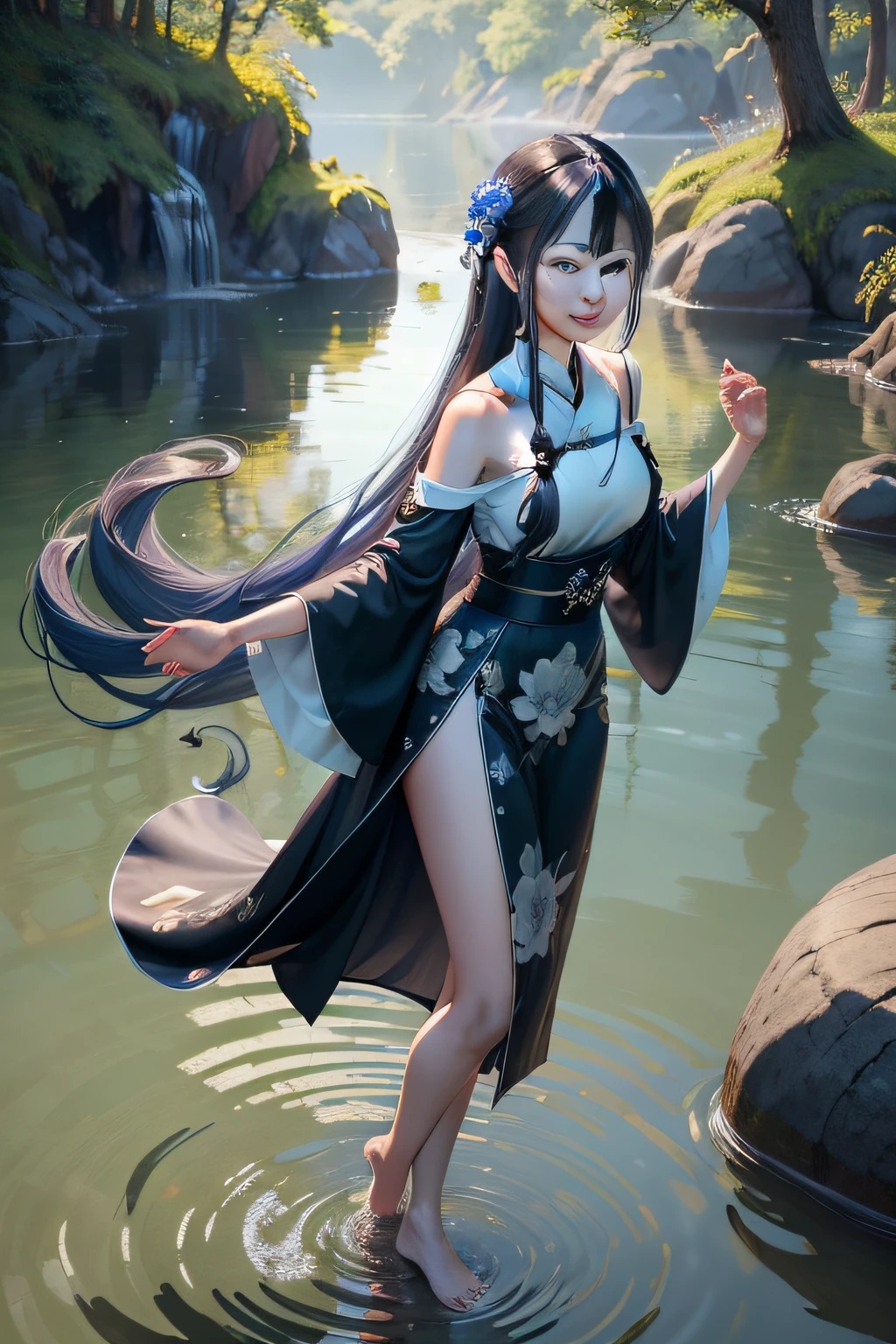 ((4k,masterpiece,best quality)), shuimobysim, traditional chinese ink painting, lotus, hanfu, maxiskit, dress conservatively 1girl, solo, long blue hair, smile, standing, feet in the water, barefoot,