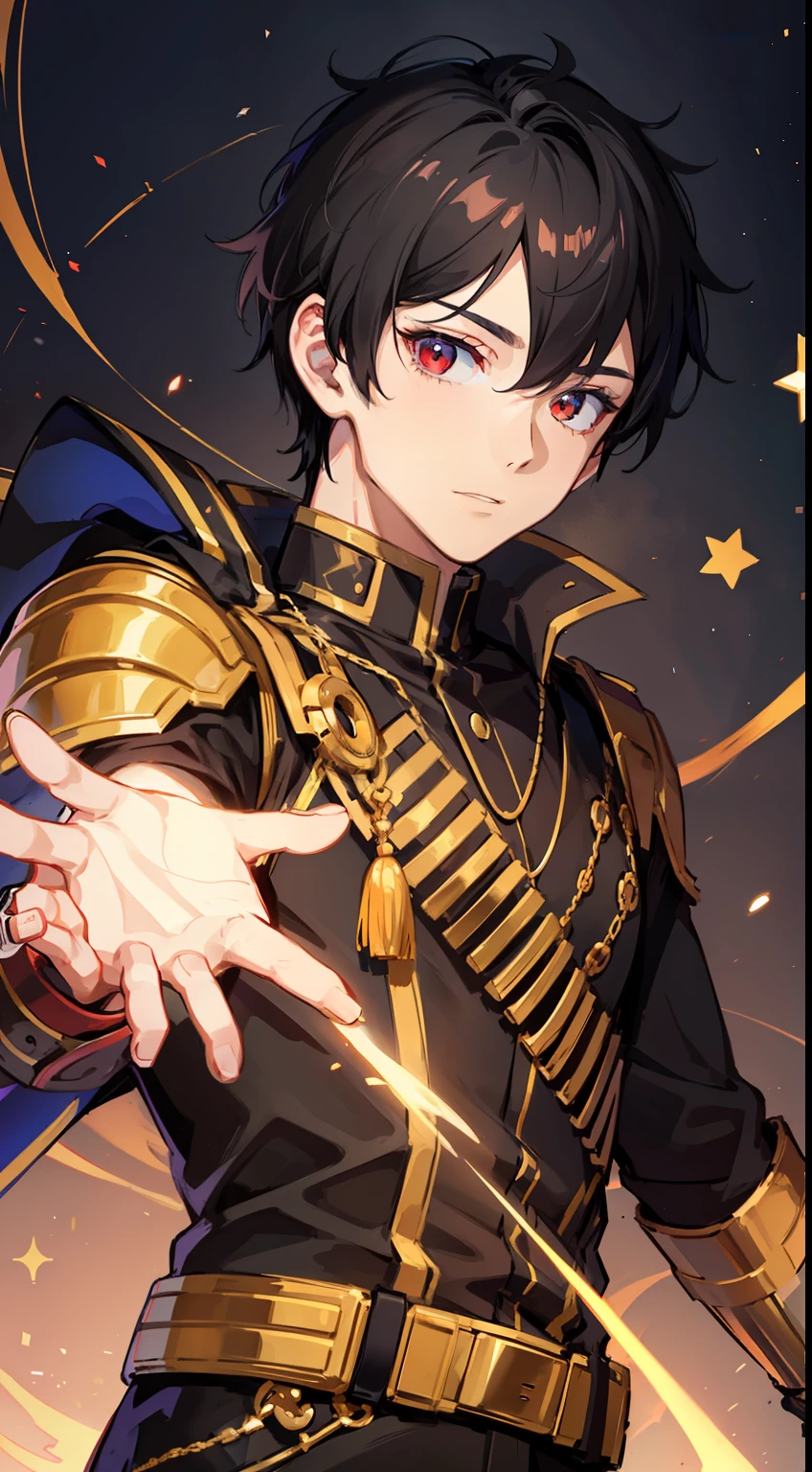 Young guy, short black hair, The eyes are red, Royal Uniform, The Infinity Gauntlet, Masterpiece, hiquality