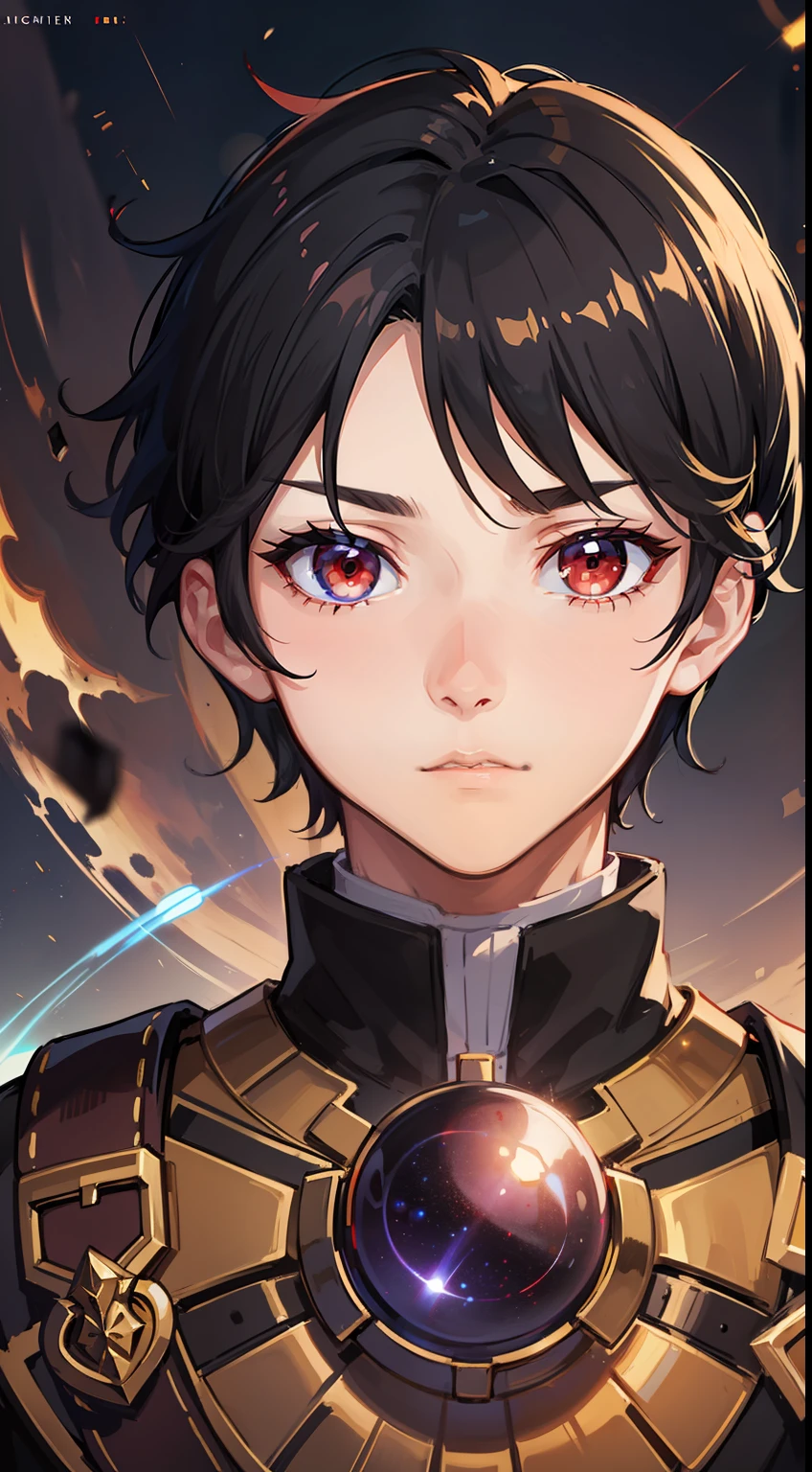 Young guy, short black hair, The eyes are red, Royal Uniform, The Infinity Gauntlet, Masterpiece, hiquality