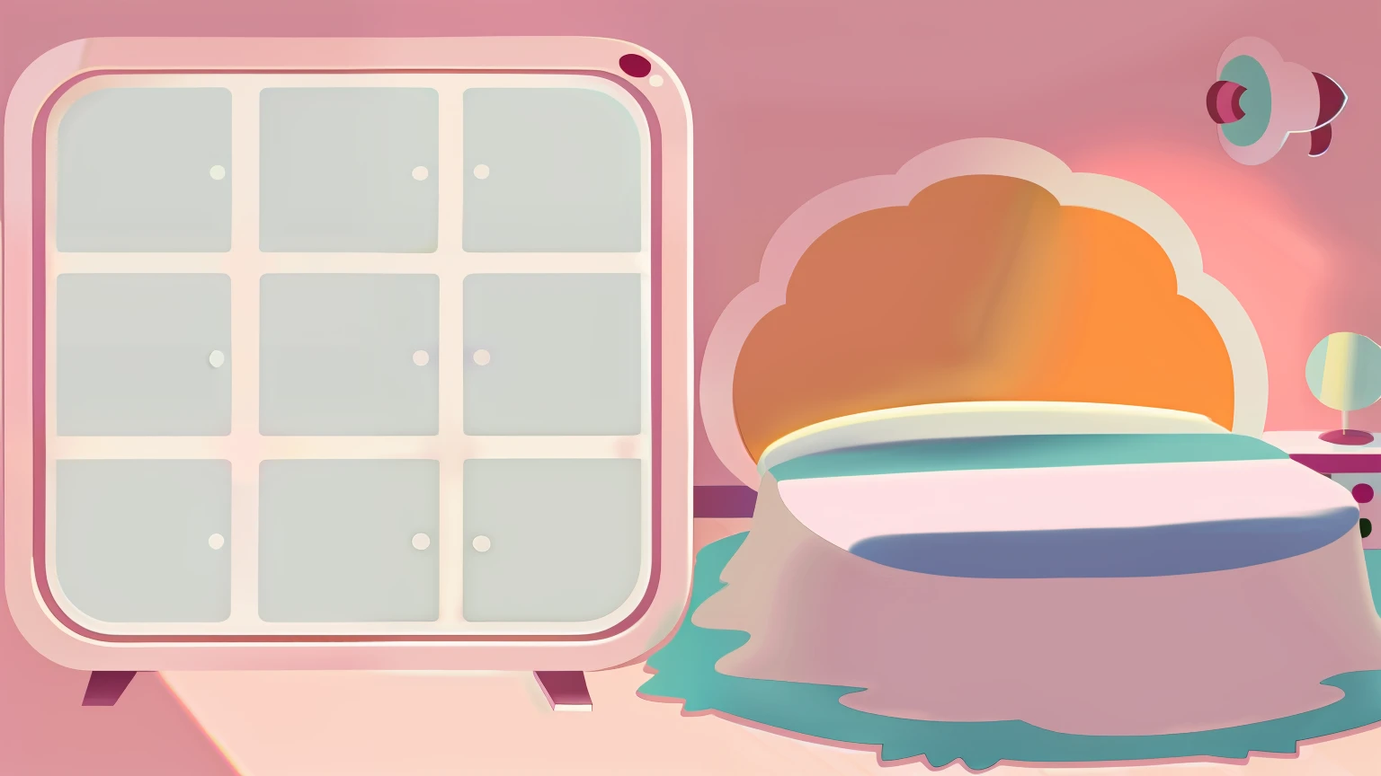 Cartoon bedroom with bed and cupboards, in a candy land style house, bedroom background, Shell bed, arte de fundo, interior background art,