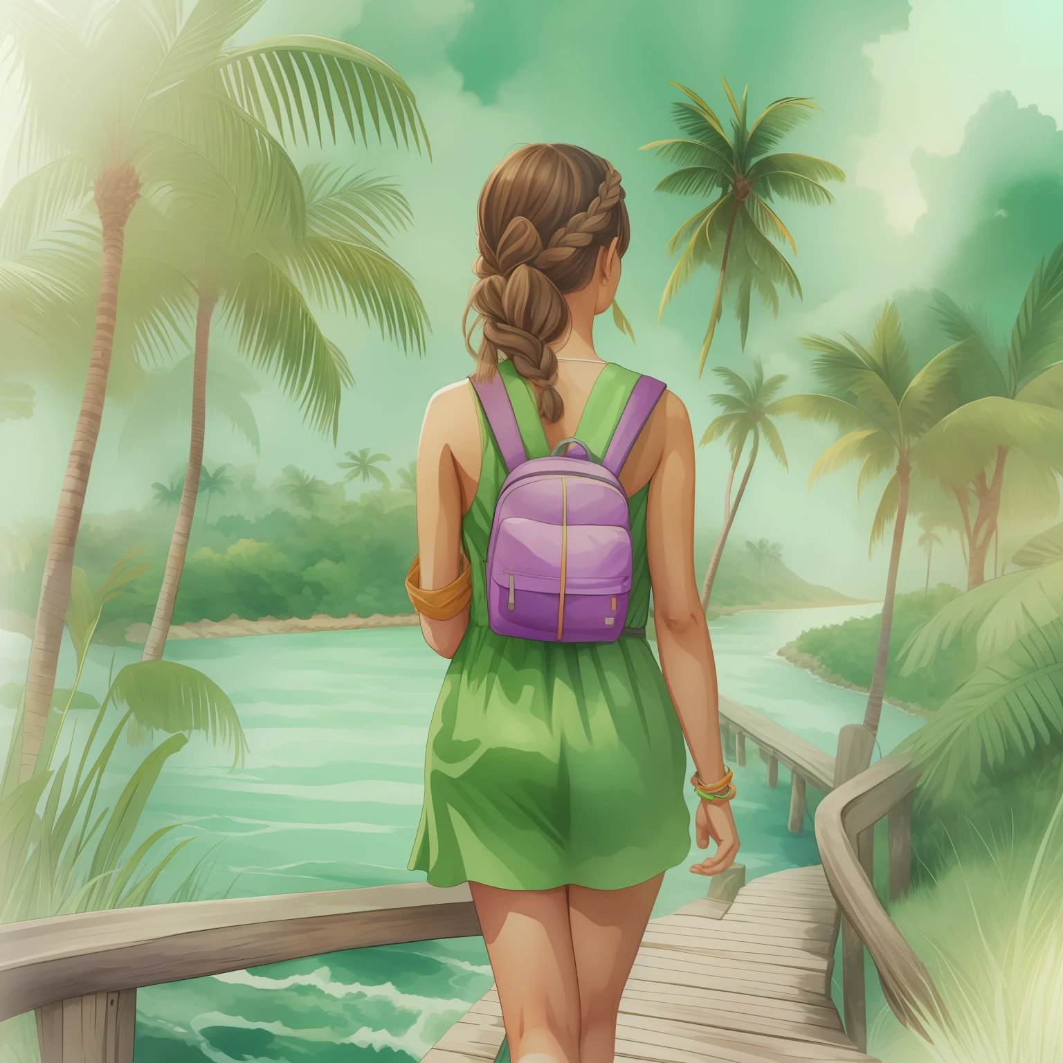 A watercolor painting of a woman with braided hair, a backpack, a green dress and a map walks along a boardwalk;, Deusa da viagem, viajante, imagem de arte digital, stylized digital illustration, viajante, Artistic illustration, em uma praia tropical, detailed digital illustration,  na praia, vacation, in illustration style digital, Viagem e Aventura, Grande arte digital com detalhes, arte digital detalhada