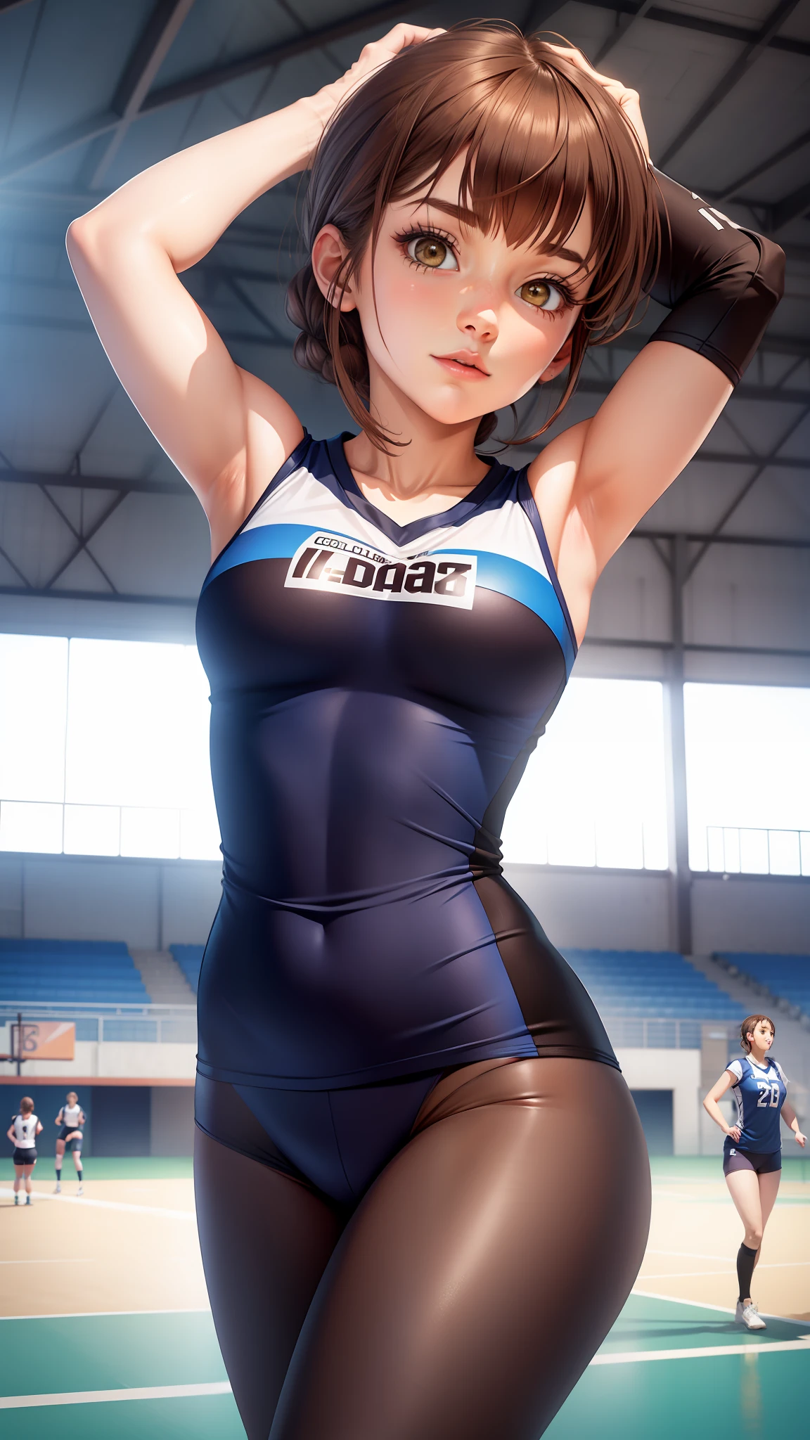 1girl, Wear volleyball clothes, Volleyball field theme, short brown hair, best quality, Ultra-detailed, high quality, Realistic HD,