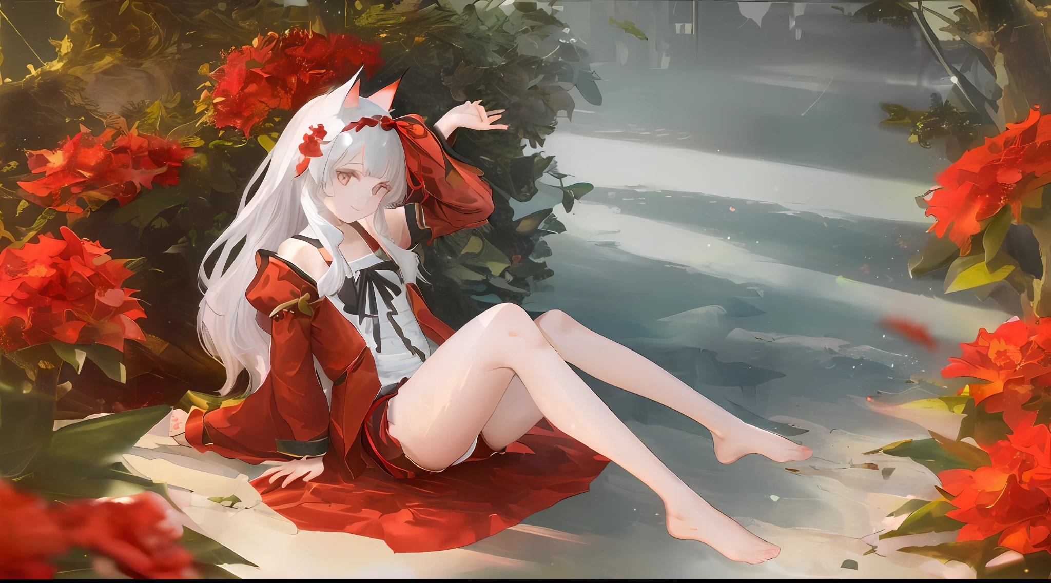((Masterpiece,Best quality)),1girll, Solo, Animal ears, cat ear, Barefoot, up chest，Nudity all over，flat lay，long  white hair, Smile, No clothes, A sea of red flowers， full bodyesbian, Sunlight, Brown eyes, Dappled sunlight, day, Depth of field ,Wet gorund,A sea of red flowers