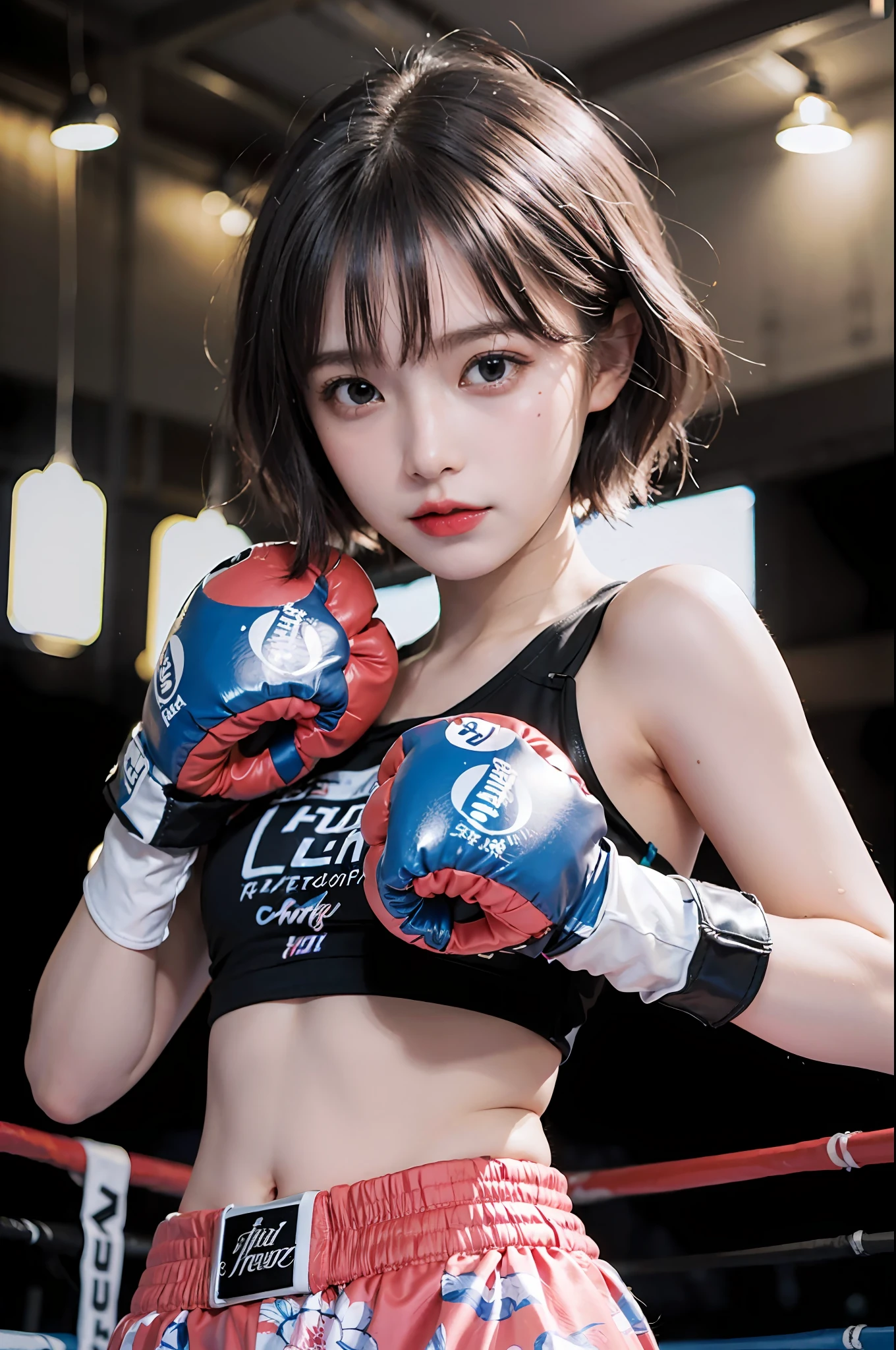 Best Quality, boxer, (Photorealsitic:2), 超A high resolution, Highly detailed, A hyper-realistic, 1girl in, (Boxing gloves), Floral pattern,  colourfull_head_hair、(((very_short_head_hair))), Short hair, Slim body, Full Shot, Looking at Viewer, ((Boxing rings)),  Bright atmosphere, spot light, Detailed background