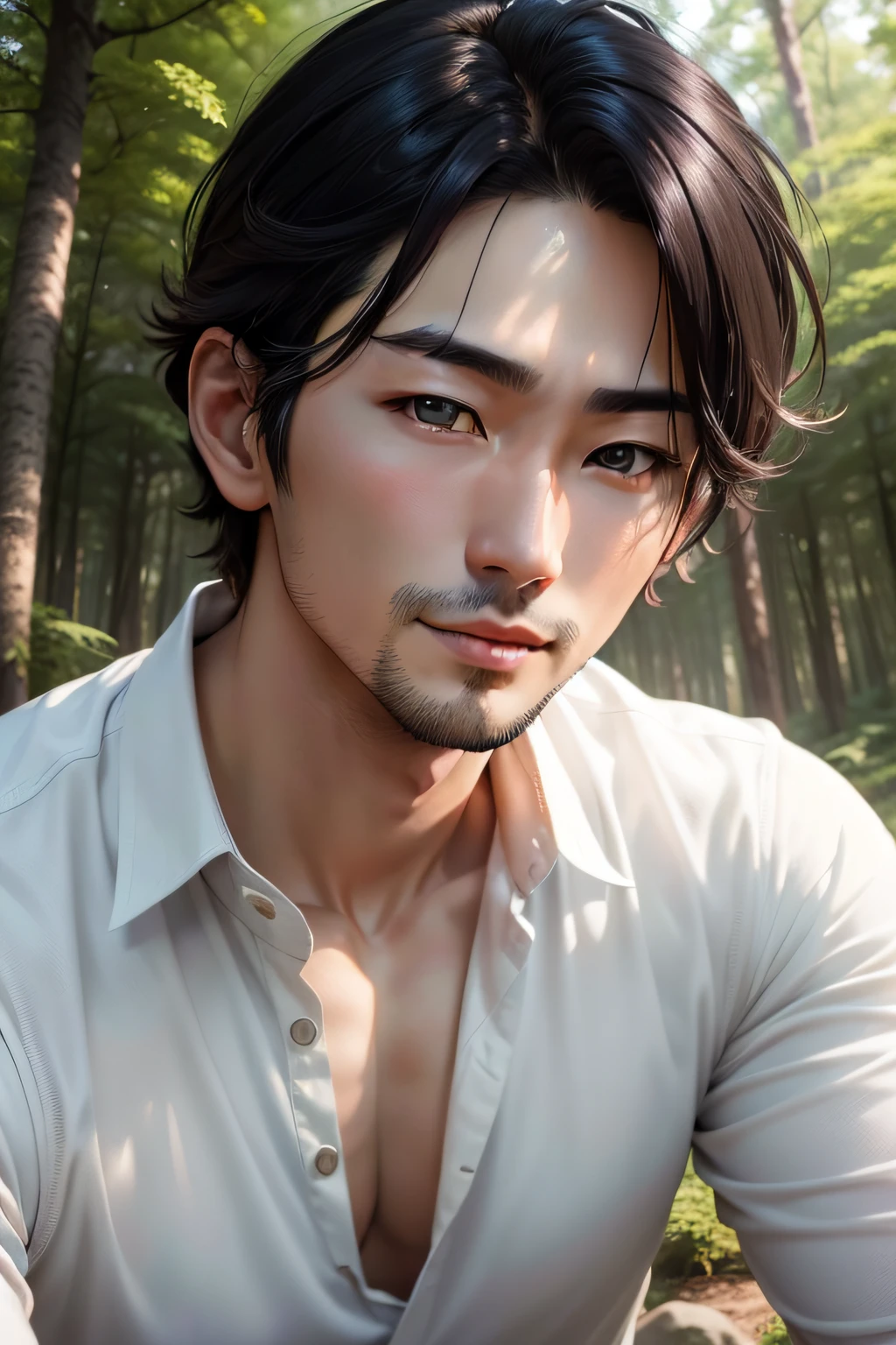 Japan men in their 30s who are refreshingly handsome。Wearing a white shirt、A dark-haired。In the forest、Your eyes are looking straight at you.。Close-up photo of your face