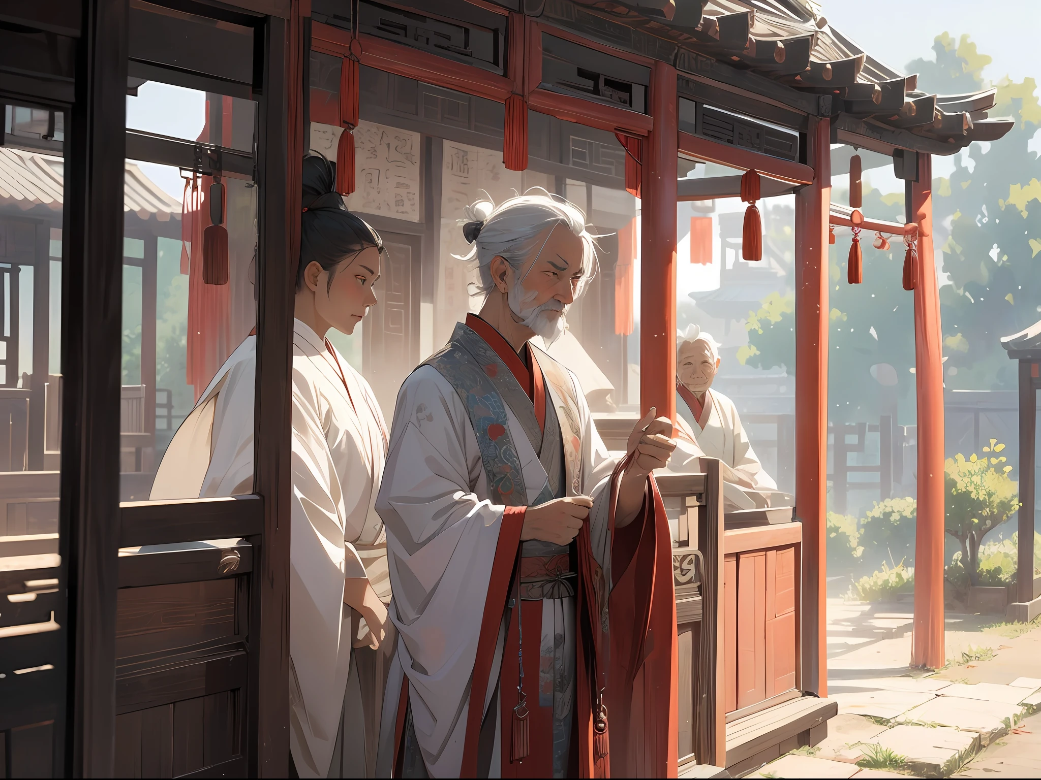 Masterpiece, Best quality,On winding dirt roads,An ancient Chinese palanquin,A short white hair can be seen inside the window、Old man with a wrinkled face,Dressed in Hanfu,