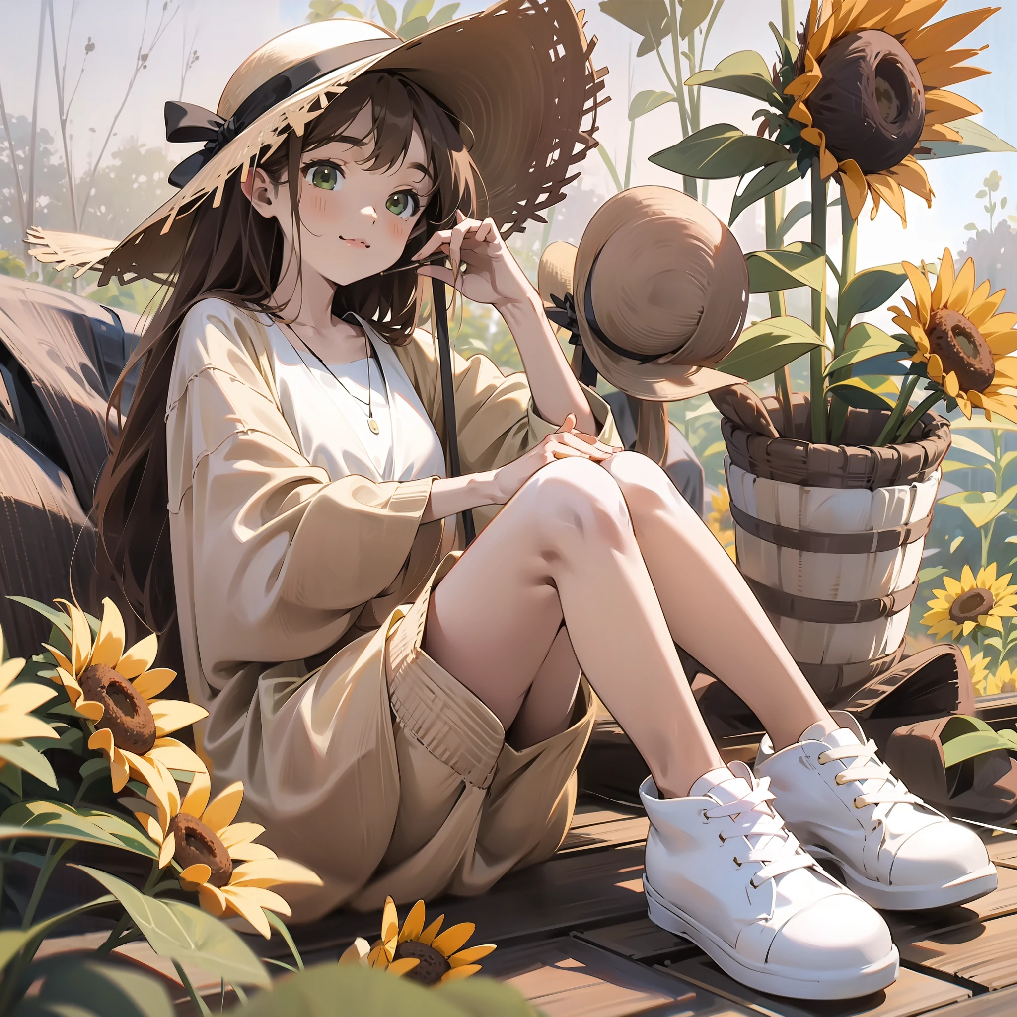 dress in yellow,White canvas shoes,Young girls,Brown hair long,Light green eyes,Wearing a straw hat,A sunflower is stuck in the straw hat,adolable,vivaciousness