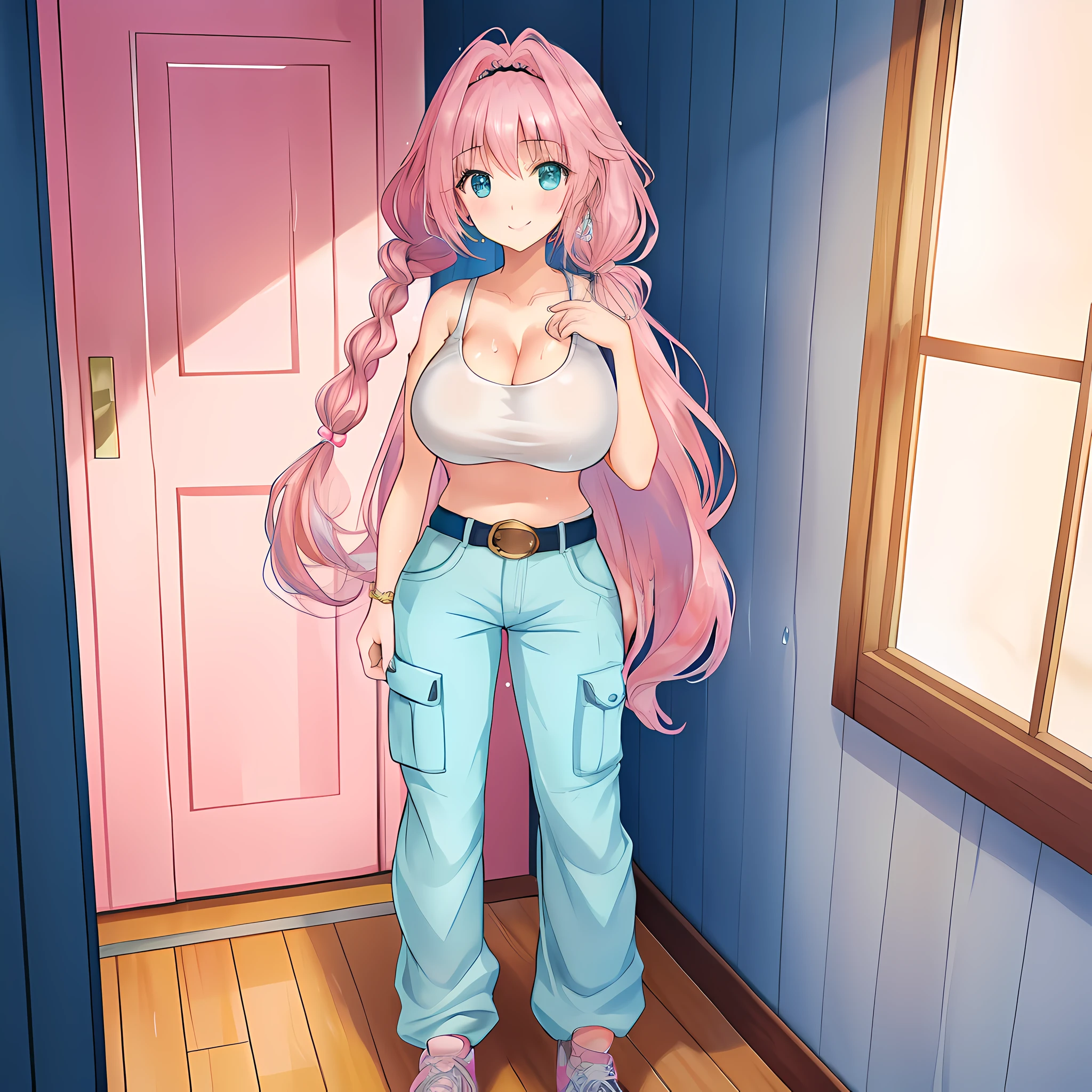 (Highly detailed CG Unity 8k wallpaper), (Best Quality), (Super Detail), (Best Illustration), (Best Shadow), POV, Realistic lighting and shading, Natural light, Lens flare effect, BREAK, 1 beautiful girl, Solo,(Cute:1.5),(Chibi:0.8), (kawaii:1.5),(Lori:0.5), BREAK, ( (17 years old girl), Very detailed, colourfull, highest details, BREAK, (Huge breasts: 1. 2,), Clear skin, Beautiful skin, Shy skin, 1 beautiful girl,{Heterochromia,pale blue eyes,pale green eyes:1.5}, star eye silhouette, Break HA , (Pink hair wet with sweat, Medium length:1.2),(Braided hairstyle:1.1),(Large breasts:1. 5), (long eyelashes, Double eyelids: 1. 2), Solo, gleaming skin, BREAK,(Cargo pants with belt, Wet tank top, no-bra, are protruding,sneakers
:1.2), (star-shaped earring:1.1), (Lace headband:1.0), (Cute Accessories:1.3), (A smile,Happiness:1.1), (is standing,Rubbing her right breast with her right hand:1.3), (Full body,angle from front,Cowboy Shot:1.1), BREAK, (Pink Room, pink walls, bed, stuffed toy, PILLOWS, parrot,:0.8) Made of stone,