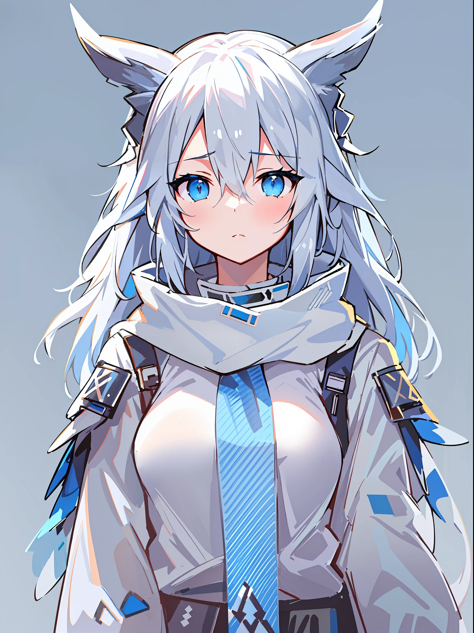 ((arknights))、Long silver hair、Light blue eyes、Ears with owl ear motif、White clothes with blue decoration、One girl、Upright、Arms behind the body.、Simple background、Front view、real life size、Explained from head to thigh、