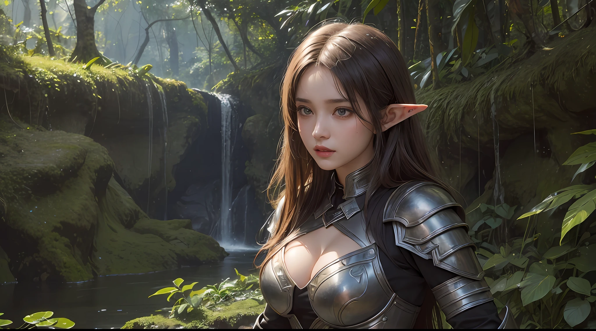 (Award-winning digital artwork:1.3) af (sketching:1.3),(with dynamism:1.3),(Saturation:1.3),(Close portrait:1.3),(femele:1.4),(big breasts beautiful: 1.4),(carismatic:1.3),female elf,Leather armor,Perfect Detailed Eyes,magia,jungle backdrop,Large breasts,Complex patterns,Film filter, ,dramatics,dynamicposes,illusory engine, (High detail: 1.9),