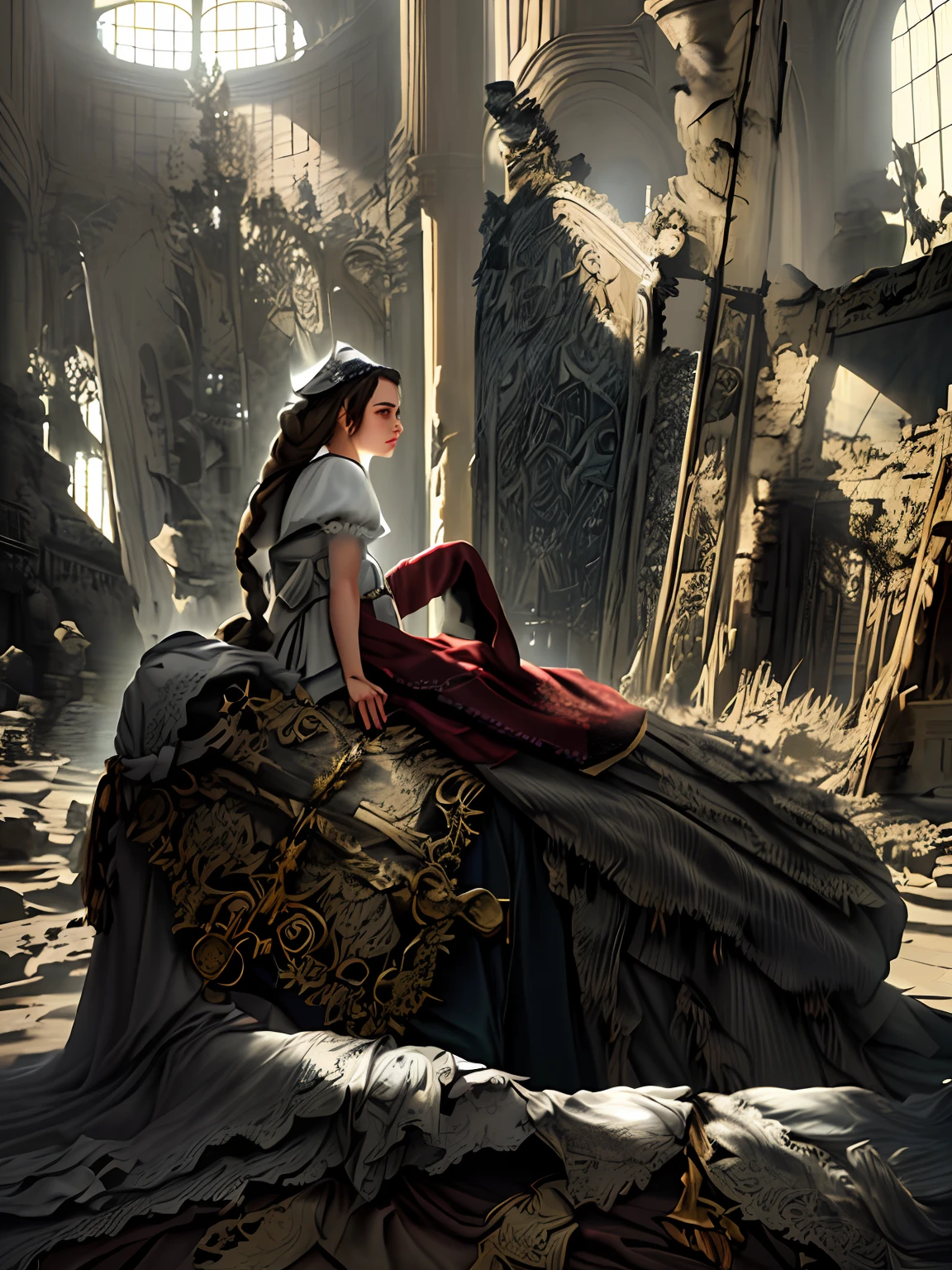 scenery, A huge ruined room with traces of battle, Duo of a woman and a man, side-view, Hi-Def, ultradetail, European facial features, realeme fentezi, Pattern, portraite of a, side glance: woman's, 46 years old, dark brown long hair, dark eyes, Frowning, A fighting look into the distance, dressed in an old shabby gray cloak,Beautiful handkerchief, wrapped around her head, Hands raised up, Clarity: 8 months, scenery: side view Huge throne room with large windows, A 46-year-old woman in an old raincoat stands near a throne, Ao fundo, Near the throne, A man hugs a woman by the shoulders, Rear side view: A man hugs a woman by the shoulders, Standing behind the throne of steam (((male)), fashion photography, (Full portrait), (half), 独奏, Detailed background, Detailed Face, (stonepunkAI, Stone theme:1.1), wise, (beautiful hair, braid: 0.2), shaman, The partition is harsh, mysterious, (Gorgeous face), Stunning, The head is tilted upwards, (calm expression on his face), Calm, Intimate Interaction. detailed clothes, realistic skin texture, Clear Focus, voluminous lighting, Good moments, Good shadows, sub-surface Scattering, Complex, Highly detailed, ((film)), dramatic, (Highest Quality, Award-winning, Masterpiece: 1.5), (Realism)