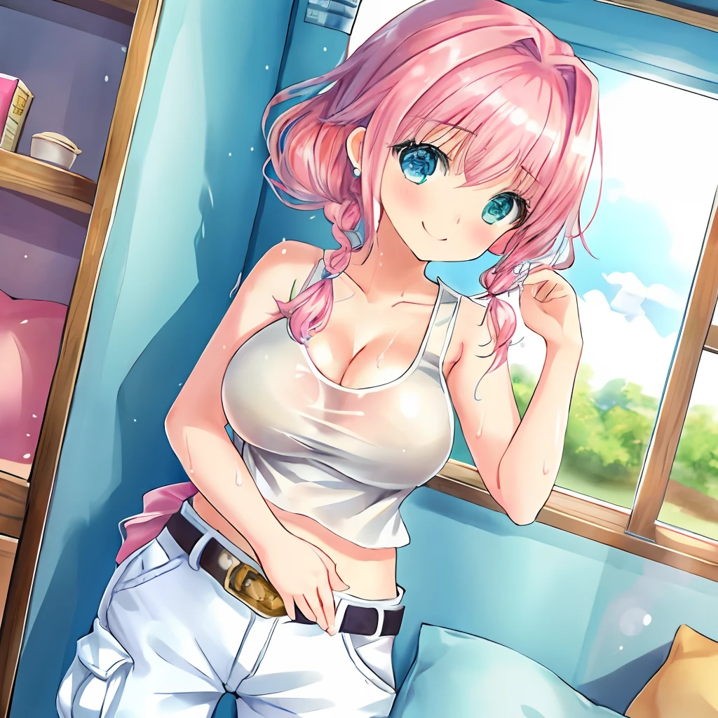 (Highly detailed CG Unity 8k wallpaper), (Best Quality), (Super Detail), (Best Illustration), (Best Shadow), POV, Realistic lighting and shading, Natural light, Lens flare effect, BREAK, 1 beautiful girl, Solo,(Cute:1.5),(Chibi:0.8), (kawaii:1.5),(Lori:0.5), BREAK, ( ( girl), Very detailed, colourfull, highest details, BREAK, (Huge breasts: 1. 2,), Clear skin, Beautiful skin, Shy skin, 1 beautiful girl,{Heterochromia,pale blue eyes,pale green eyes:1.5}, star eye silhouette, Break HA , (Pink hair wet with sweat, Medium length:1.2),(Braided hairstyle:1.1),(Large breasts:1. 5), (long eyelashes, Double eyelids: 1. 2), Solo, gleaming skin, BREAK,(Cargo pants with belt, Wet tank top, no-bra, are protruding,sneakers
:1.2), (star-shaped earring:1.1), (Lace headband:1.0), (Cute Accessories:1.3), (A smile,Happiness:1.1), (is standing,Slouched:1.3), (Full body,angle from bellow,Cowboy Shot:1.1), BREAK, (Pink Room, pink walls, bed, stuffed toy, PILLOWS, parrot,:0.8) Made of stone,