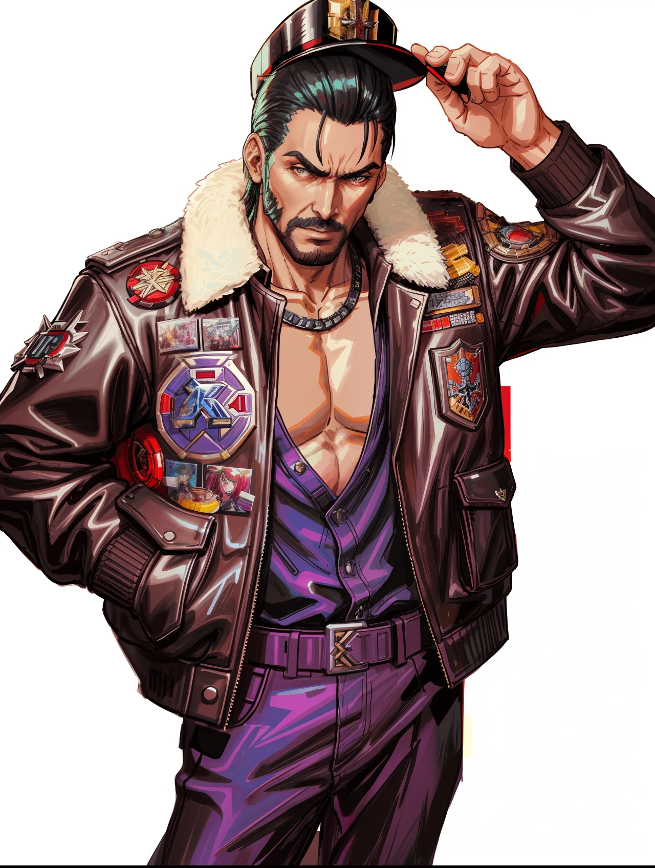 Close-up of a man in a leather jacket and hat, As a character in Tekken, 《king of fighter》role, kane from command & conquer, fighting game character, ( ( Barclays Run Run Shaw ) ), inspired by Yasutomo Oka, high detail iconic character, profile shot, SNK, Joseph Joestar, character art the contra, 90s comic book character design