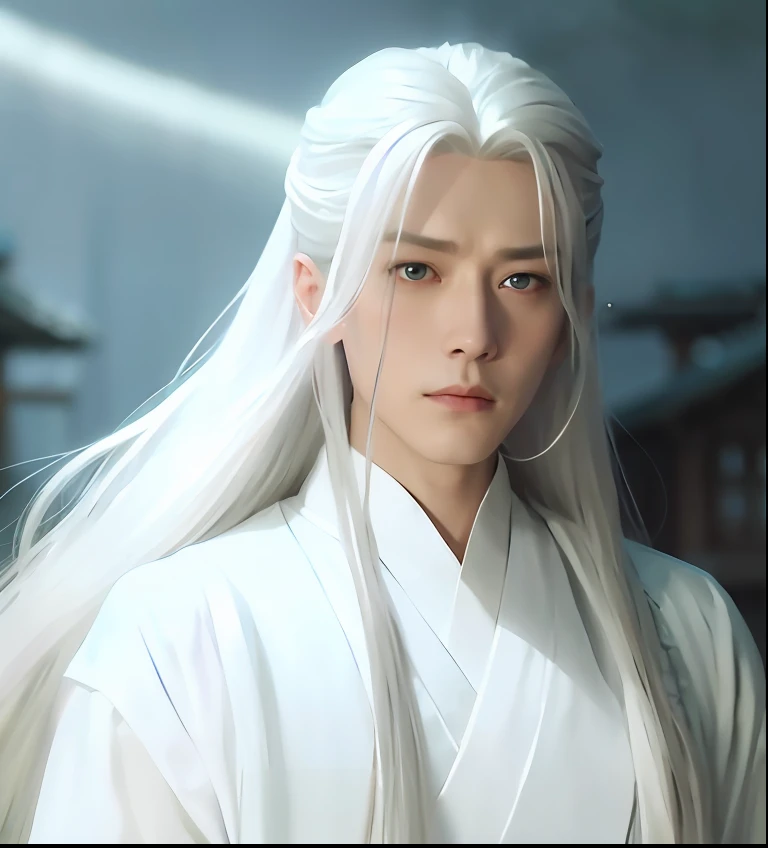 A man with white hair and a white robe, Kenji Tan, with long white hair, long  white hair, still from live action movie, Inspired by Zhang Han, fantasy movie still, live-action movie scenes, cloud-like white hair, The exquisite prince, Inspired by Seki Dosheng, screenshots from movies