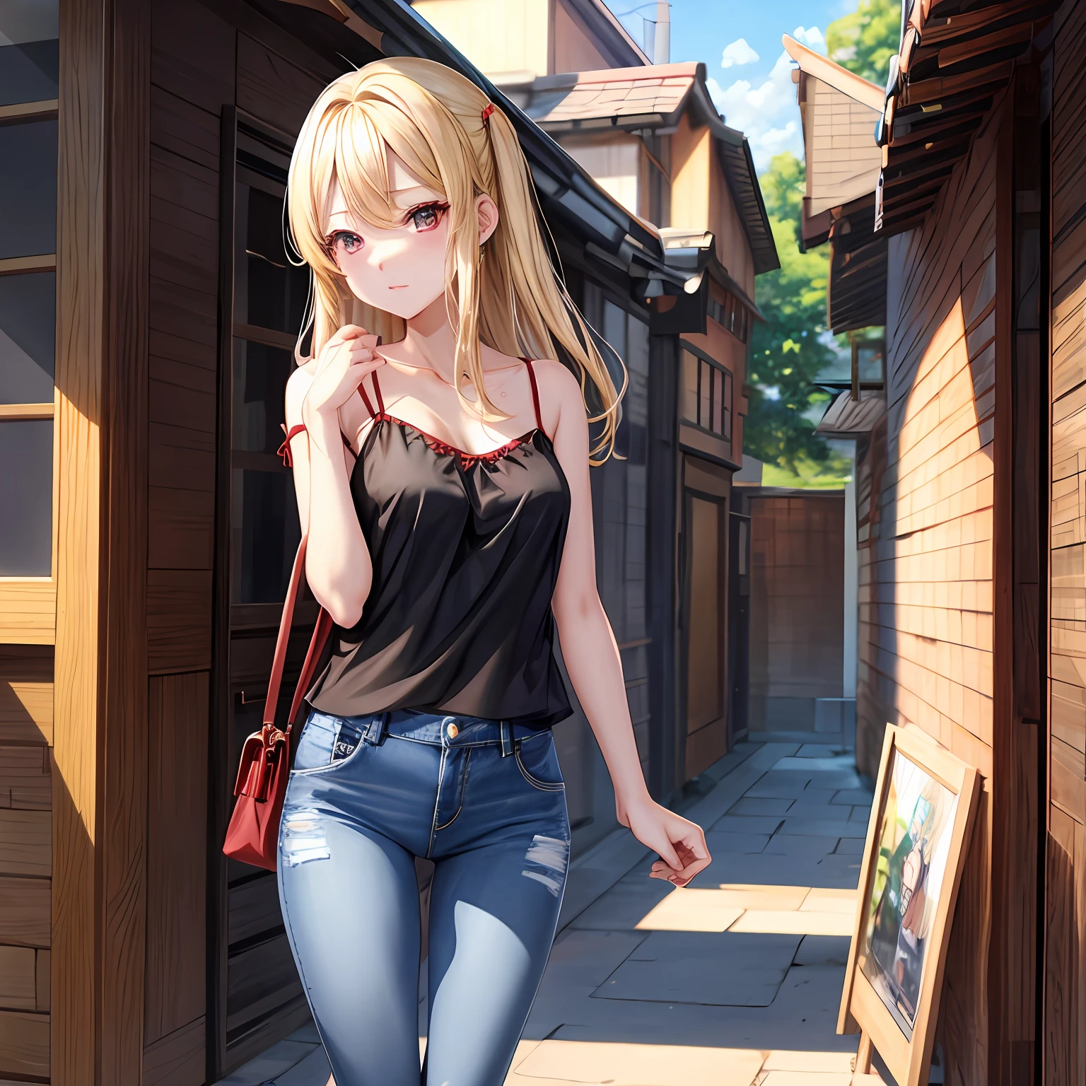 a blond、red eyes、One pretty girl、独奏、animesque、Black camisole、jeans、