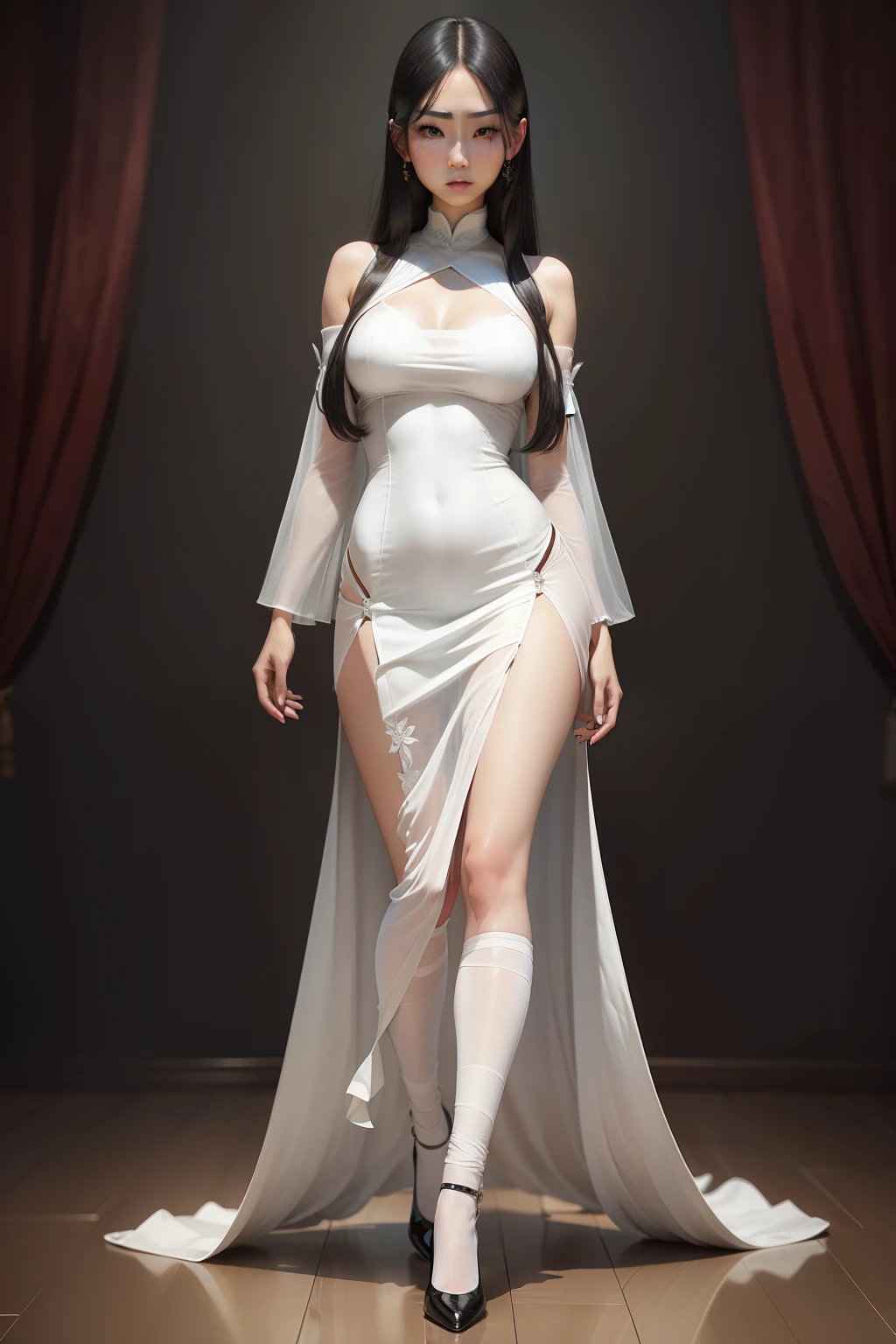Real Human,Oriental women,Wearing a white suspender dress,Eyes seductive,with fair skin,black long straight hair,Full body photo,Exquisite details,Impeccable