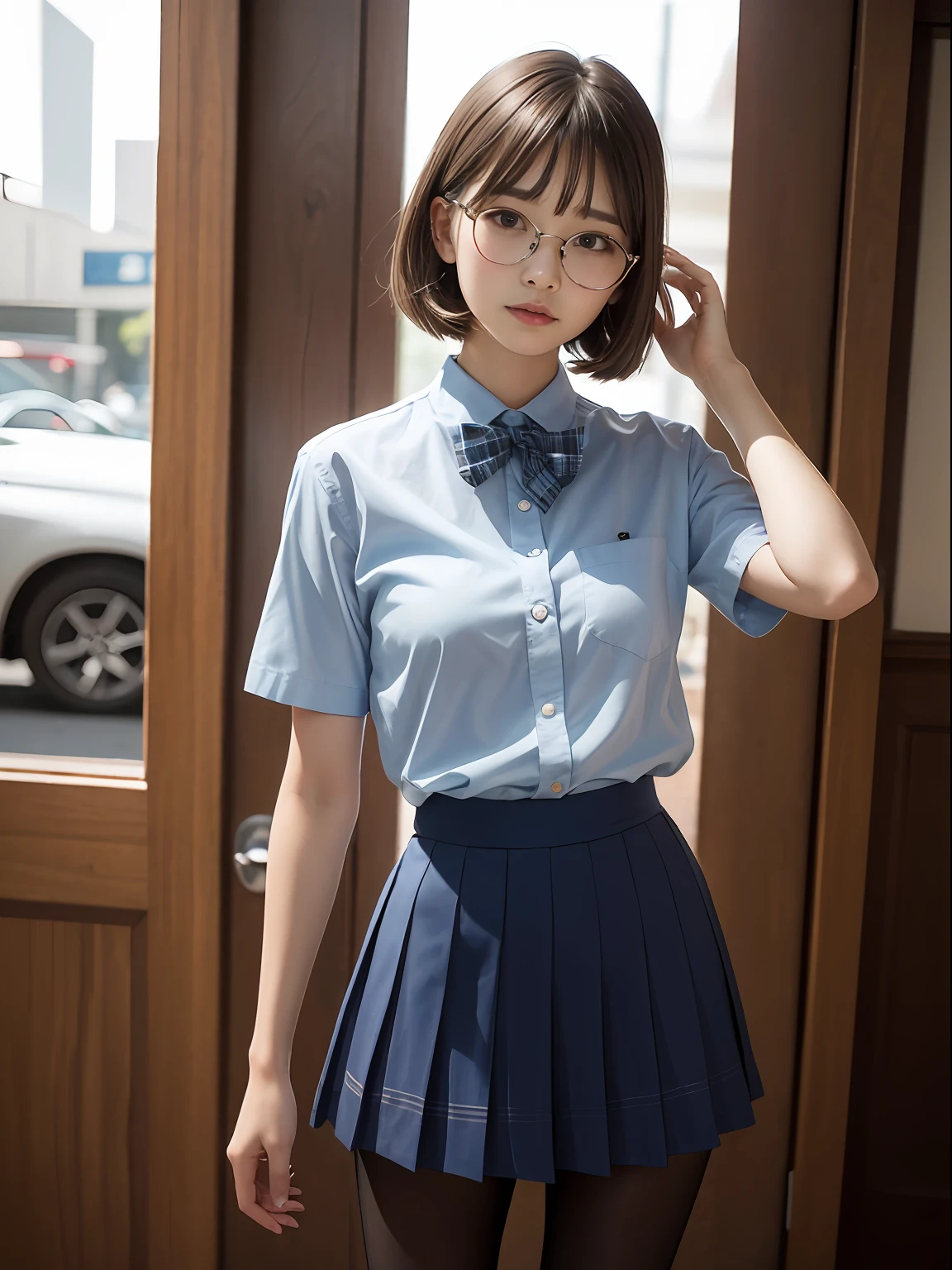 （8K、Raw photography、top-quality、​masterpiece：1.2),de pele branca,kne,(Black pantyhose),absurderes,a small face,small tits,flat breast,Parting the bangs from the middle、Forehead visible,(Tight eyes,glares,Bullish,skinny,Rasping,irate)、​masterpiece,top-quality、超A high resolution,Raw photo,ren,Beautiful fece,One Person, 独奏,eye glass,,Dark look,Small breasts,fullllbody,Round glasses、cute little、JK school uniform,hi-school girl,A Japanese Lady,is standing,（Photorealsitic：1.37）、Photon mapping,Light blue ribbon,Realistic、Cute little face,Brown-eyed、Black socks、(Red bow tie)、Radio City、Physically Based Rendering、Foreground、depth of fields、Blurry background、a picture,The girls、Body,beauty legs, Long legs, Thin leg,Long bob cut,(Bangs are visible), hair, s lips, Blue_The eye, nosesoft,(Light blue shirt), (Navy and blue and white plaid pleated skirt), Knees are visible,Sheer clothing,, Thigh, Black cotton socks,Nogizaka Idol, 女優, Japanese ido