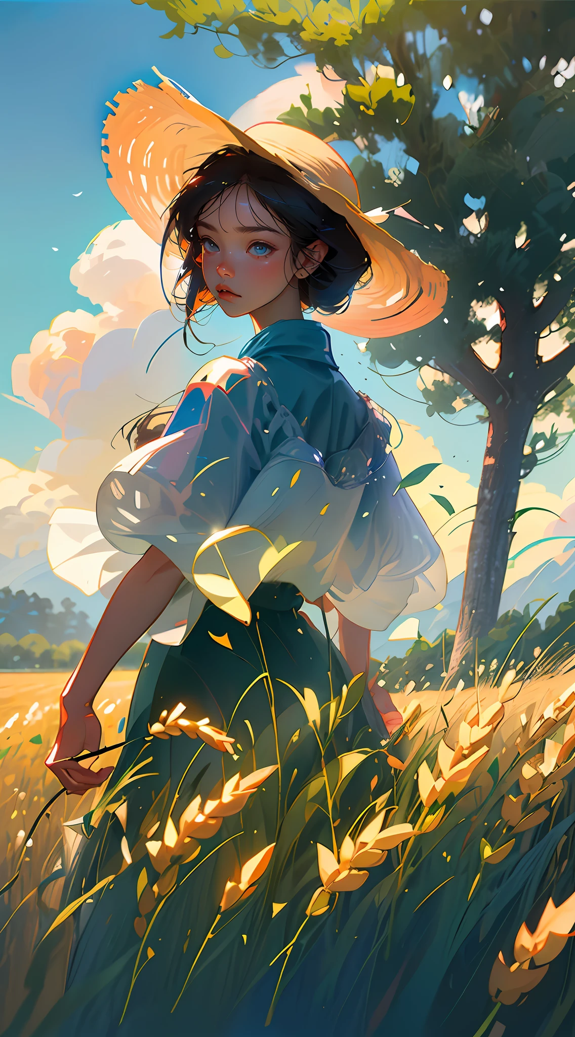 Wheat field, a farmer uncle with a straw hat standing in a wheat field, big clouds, blue sky, rice field, neat rice seedlings in the field, forest, hillside, secluded, rural, HD detail, hyper-detail, cinematic, surrealism, soft light, deep field focus bokeh, ray tracing and surrealism. --v6