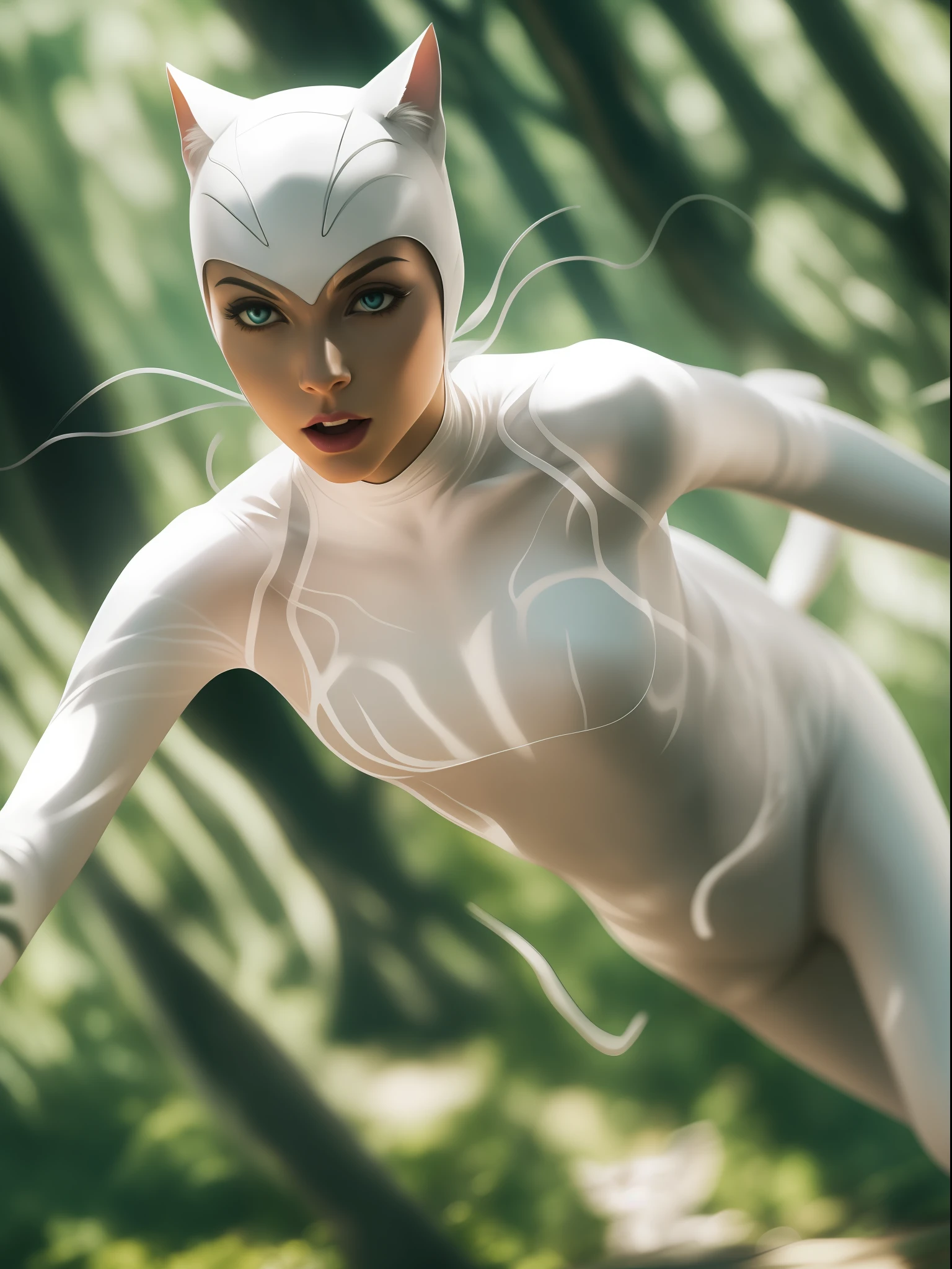 A mesmerizing image of a striking, yet human-like white catwoman leaping and charging in a vibrant forest. The cat's vibrant attire and vibrant eyes evoke a sense of power and confidence, leading the viewer's eyes to follow her path of destruction. The ambient light adds depth to the scene, enhancing the breathtaking nature and the fantastical creatures. standard lens, medium aperture, high contrast